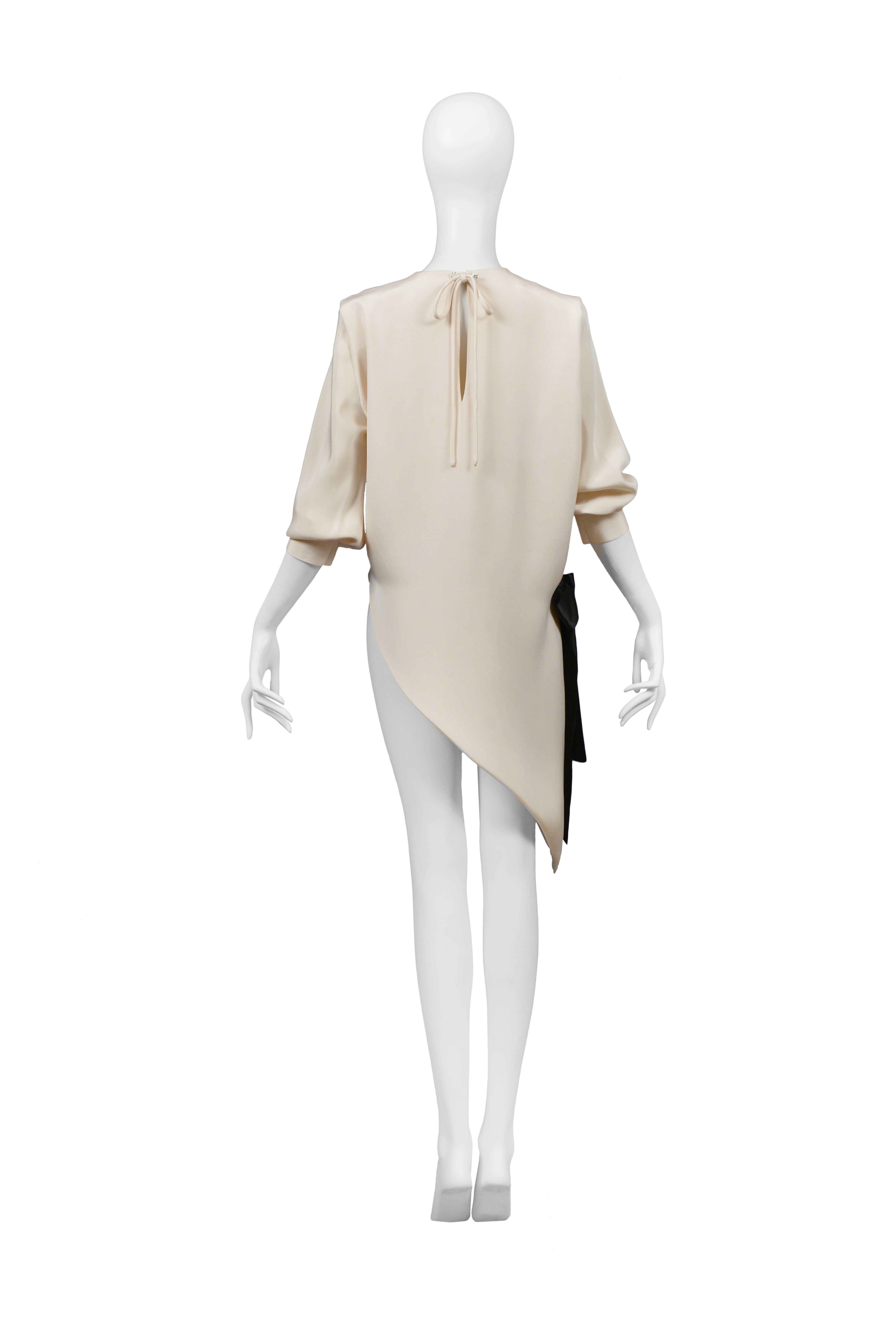Pierre Cardin Ivory Silk Asymmetrical Blouse with Black Bow  In Excellent Condition In Los Angeles, CA