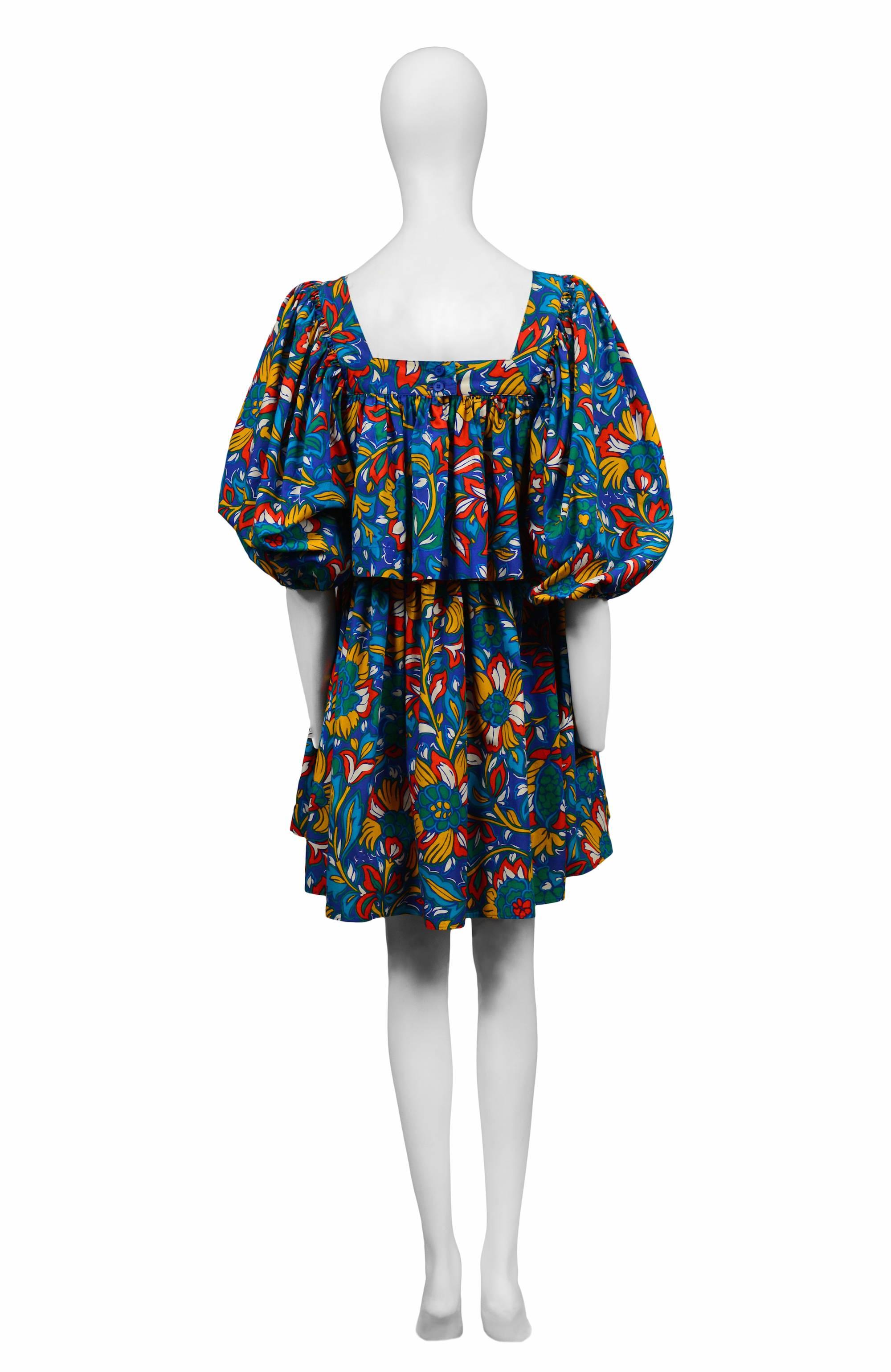 Yves Saint Laurent Blue Floral Peasant Dress In Excellent Condition In Los Angeles, CA