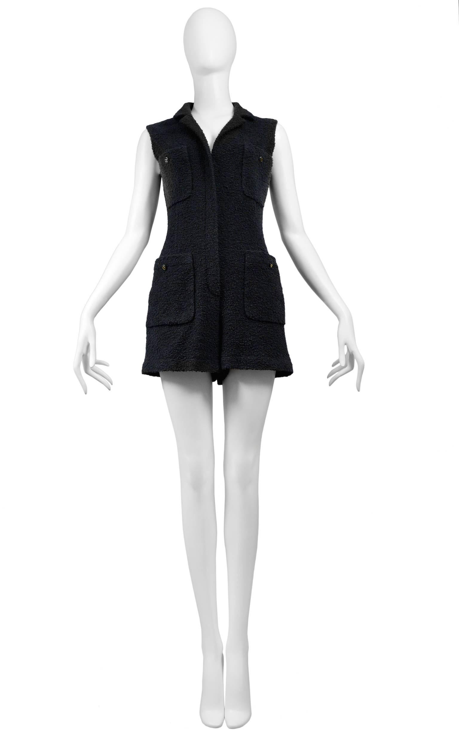 Iconic Chanel black terry cloth romper with shorts. Gold black w gold CC buttons. 1990's.

Please inquire for additional images. 