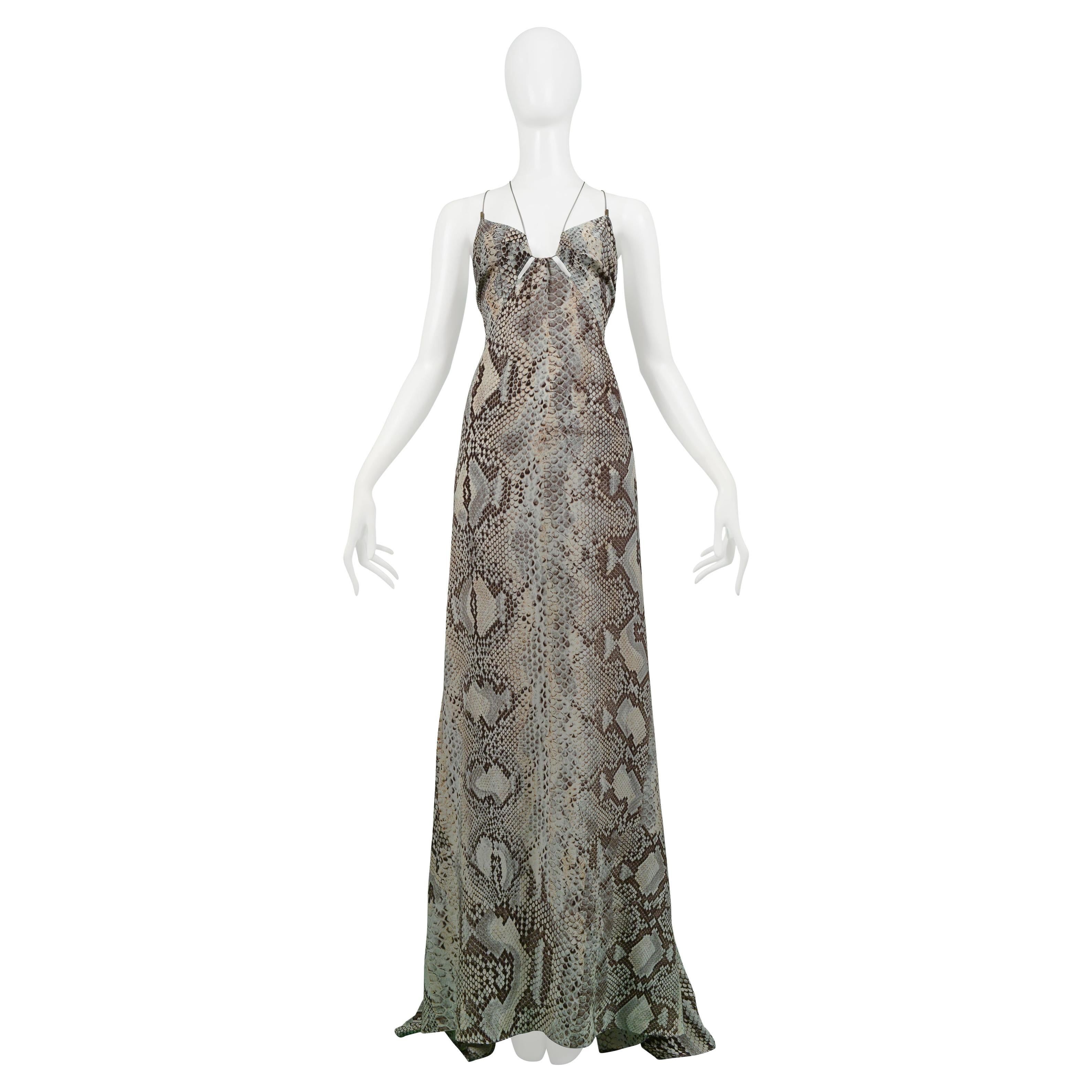 Roberto Cavalli Blue & Grey Snake Print Evening Gown With Silver Hardware 2011 For Sale