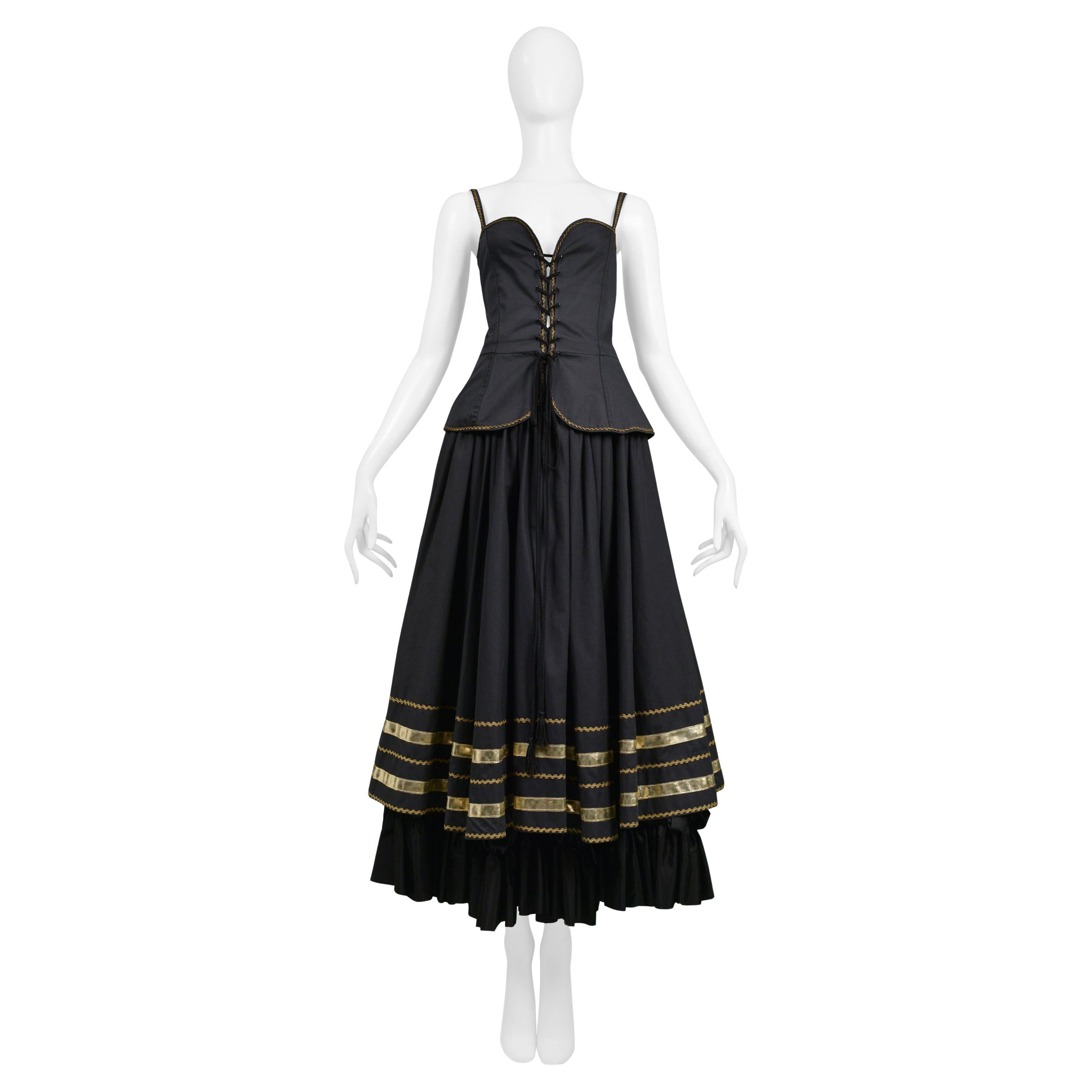 Yves Saint Laurent Ysl Top Corsetto Nero e Oro e Gonna Fantasia 1970s in vendita