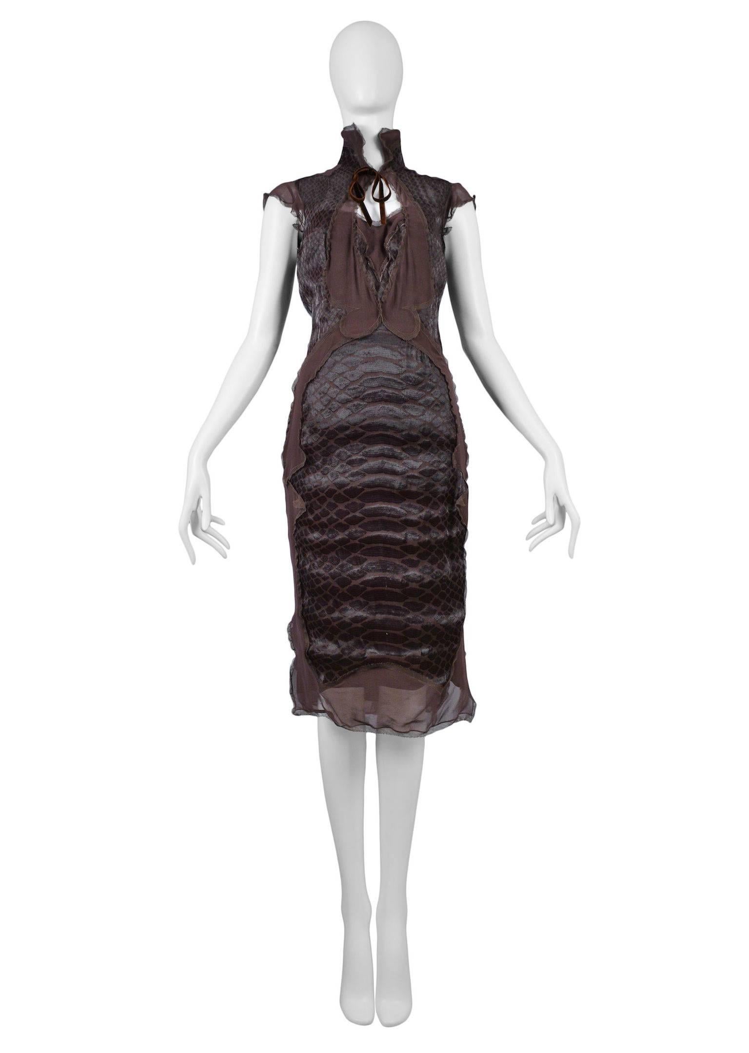 Vintage Tom Ford for Yves Saint Laurent brown snake print two piece dress ensemble featuring a strapless slip dress underneath and sleeveless outer layer with zip closure. Runway piece from the Autumn / Winter 2004 Collection. Please inquire for