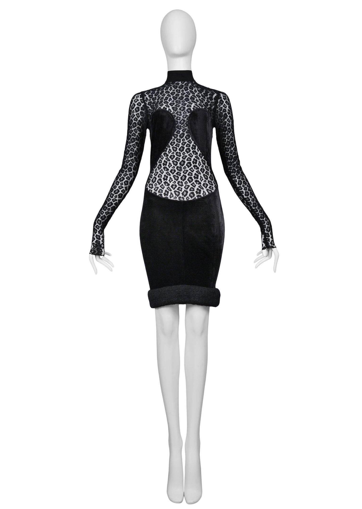 Iconic stretch black velvet inset dress with black leopard lace and large velvet band at hem. Zipper up the back. Featured on the runway and in numerous editorials. Collection 1991. Please inquire for additional photographs.