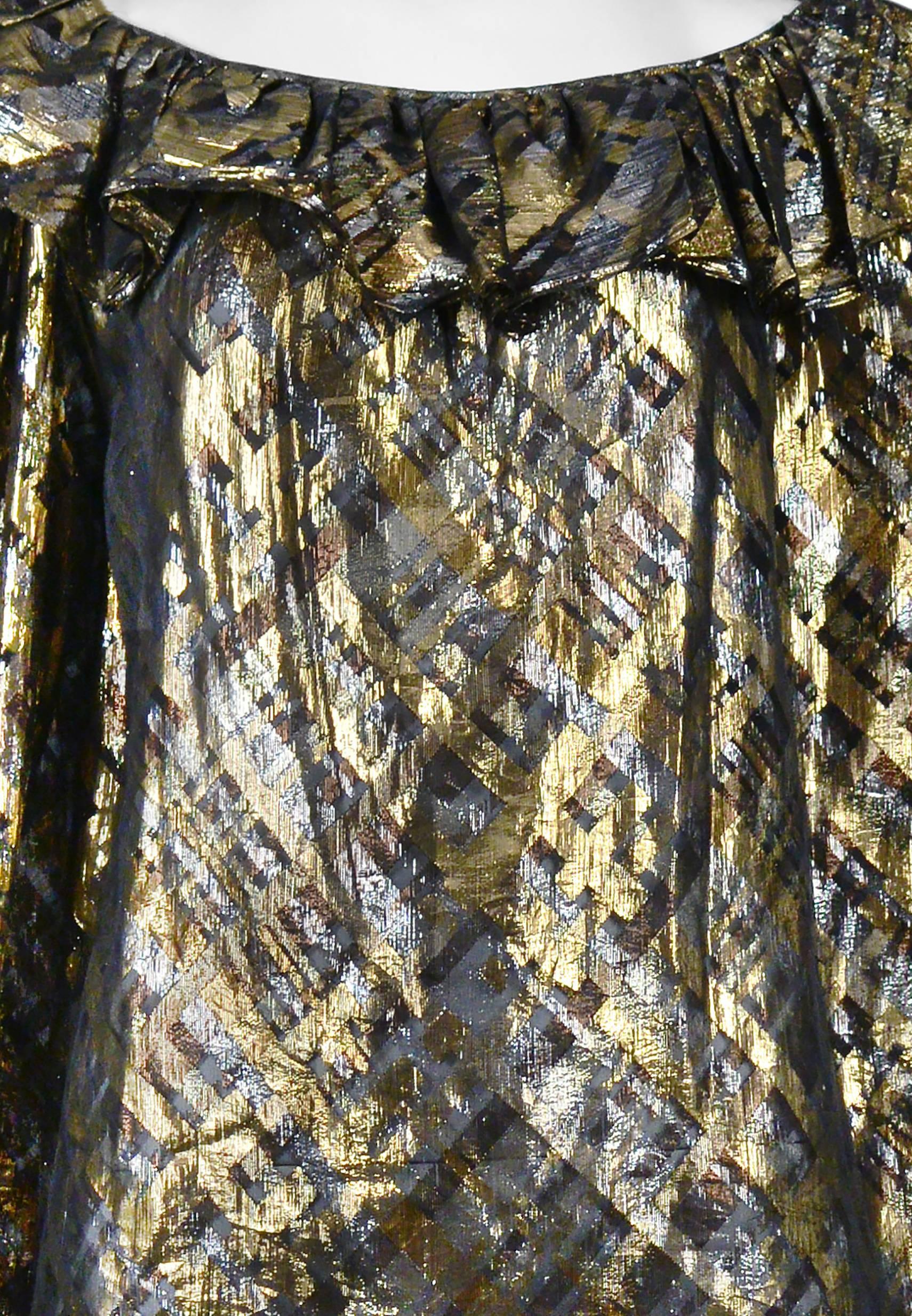 Yves Saint Laurent Gold Lame Plaid Ruffle Blouse In Excellent Condition In Los Angeles, CA
