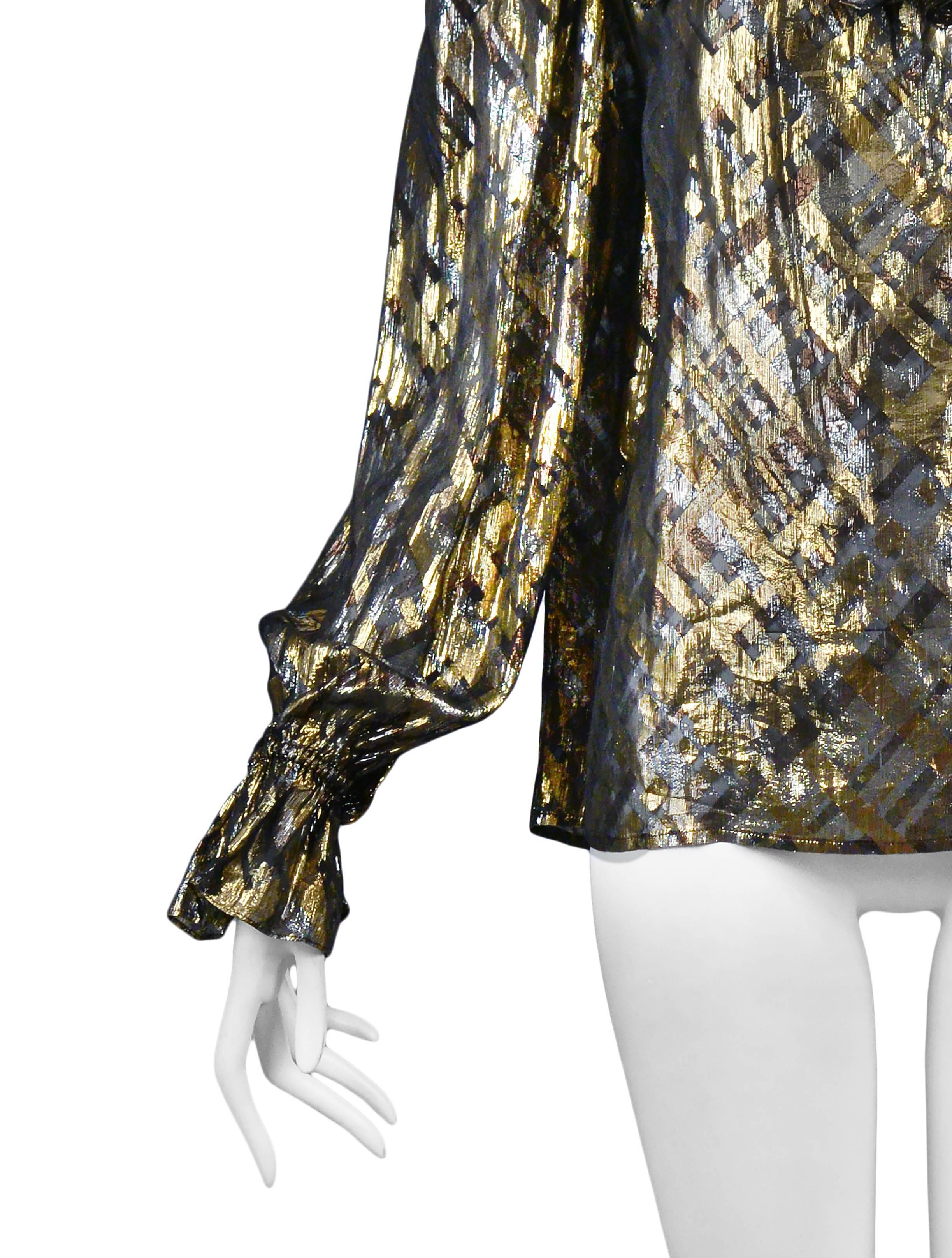 Women's Yves Saint Laurent Gold Lame Plaid Ruffle Blouse