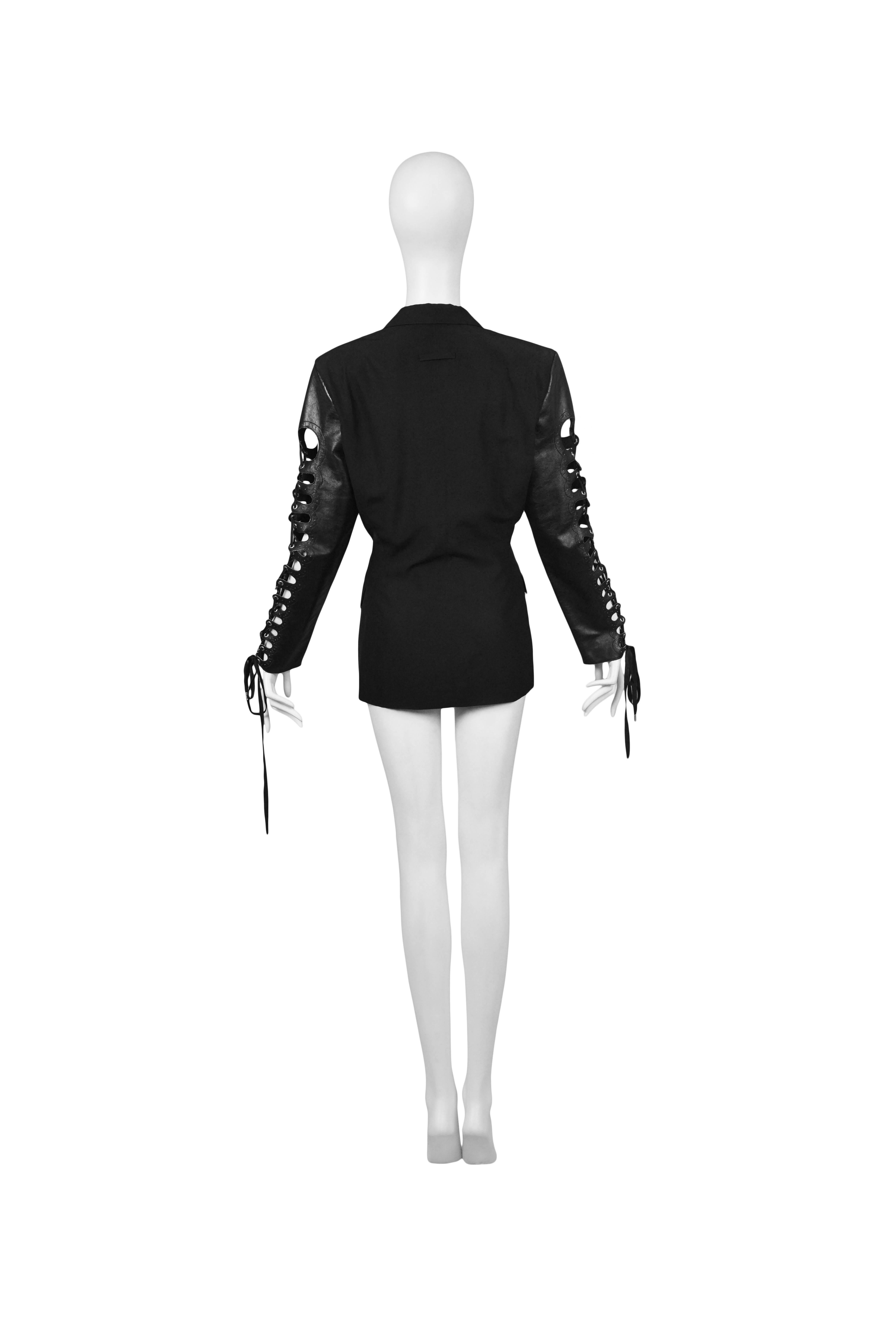 Gaultier Black Leather Lace Up Sleeve Jacket In Excellent Condition In Los Angeles, CA