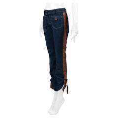 Christian Dior Blaue Denim-Jeans mit Lederbesatz und Krawatten 2005