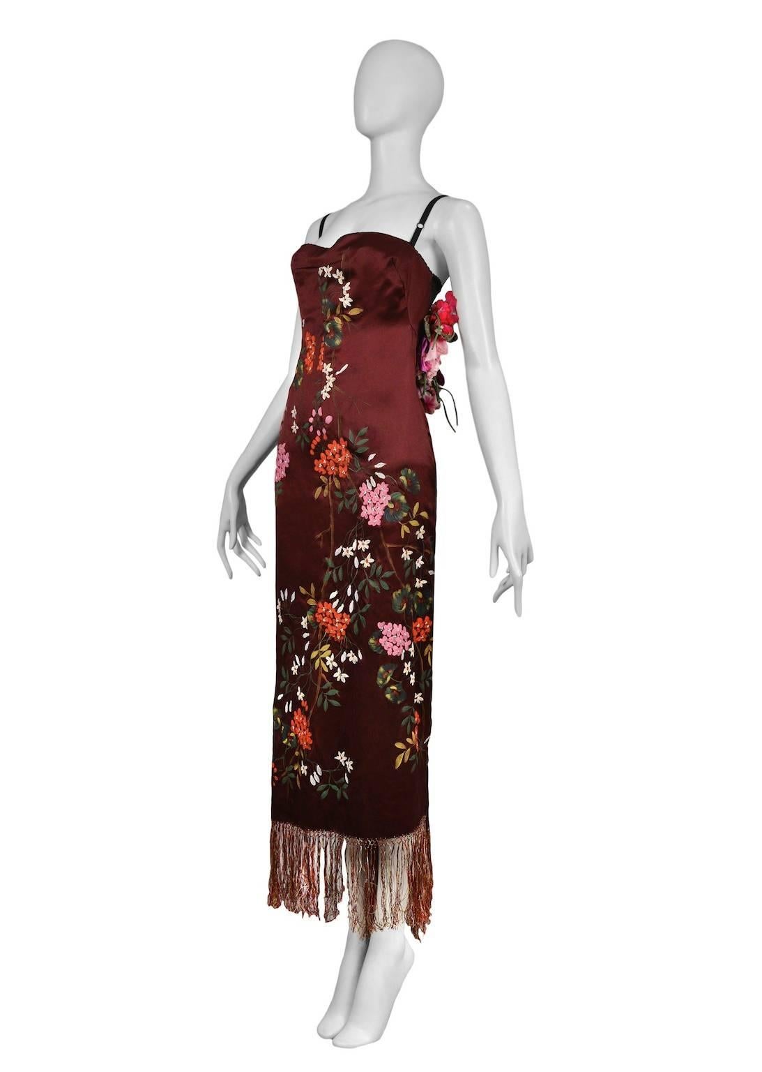 Dolce & Gabbana Hand Painted Floral Satin Dress 1998 In Excellent Condition In Los Angeles, CA