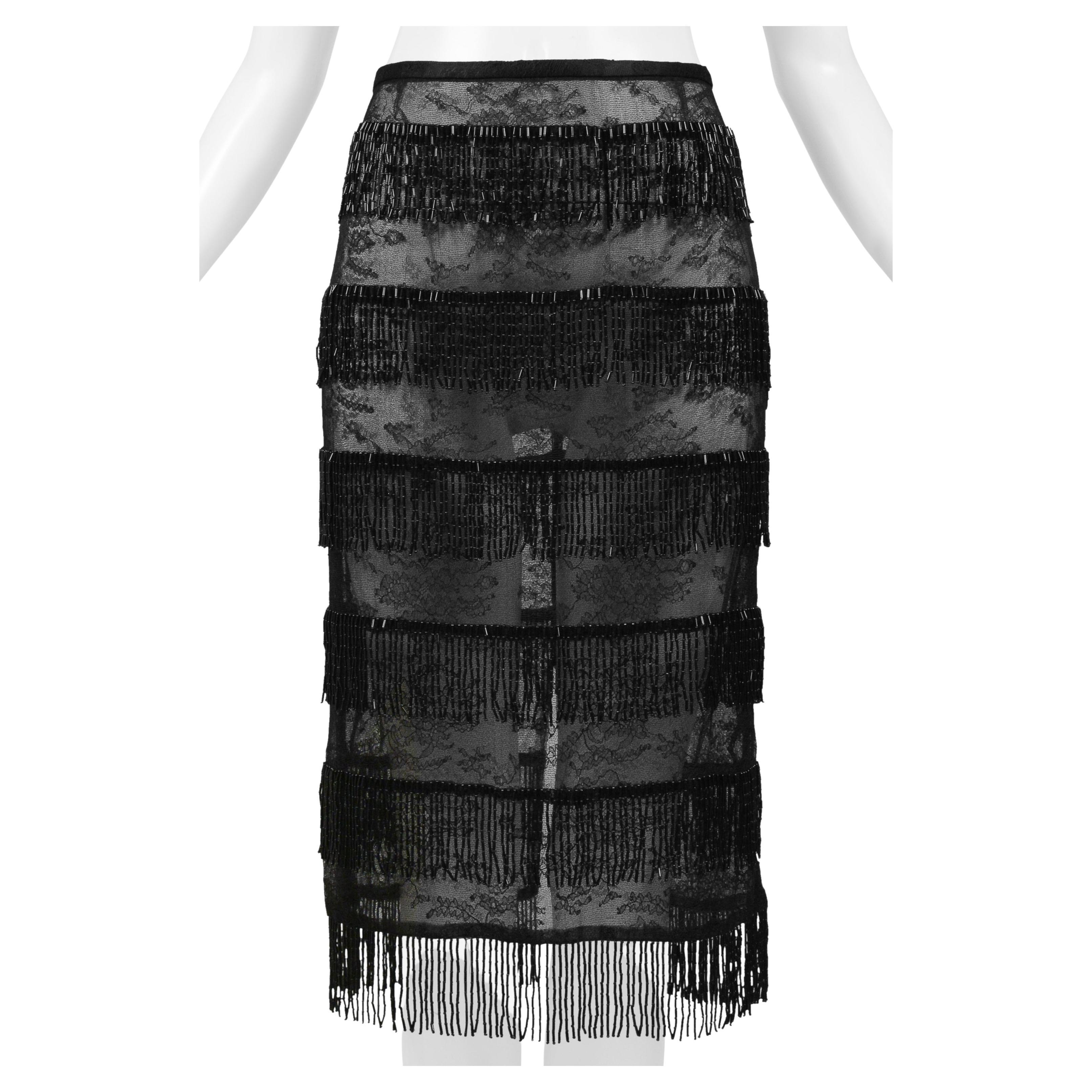 Women's Dolce & Gabbana Black Sheer Skirt With Beaded Fringe SS 2000 For Sale