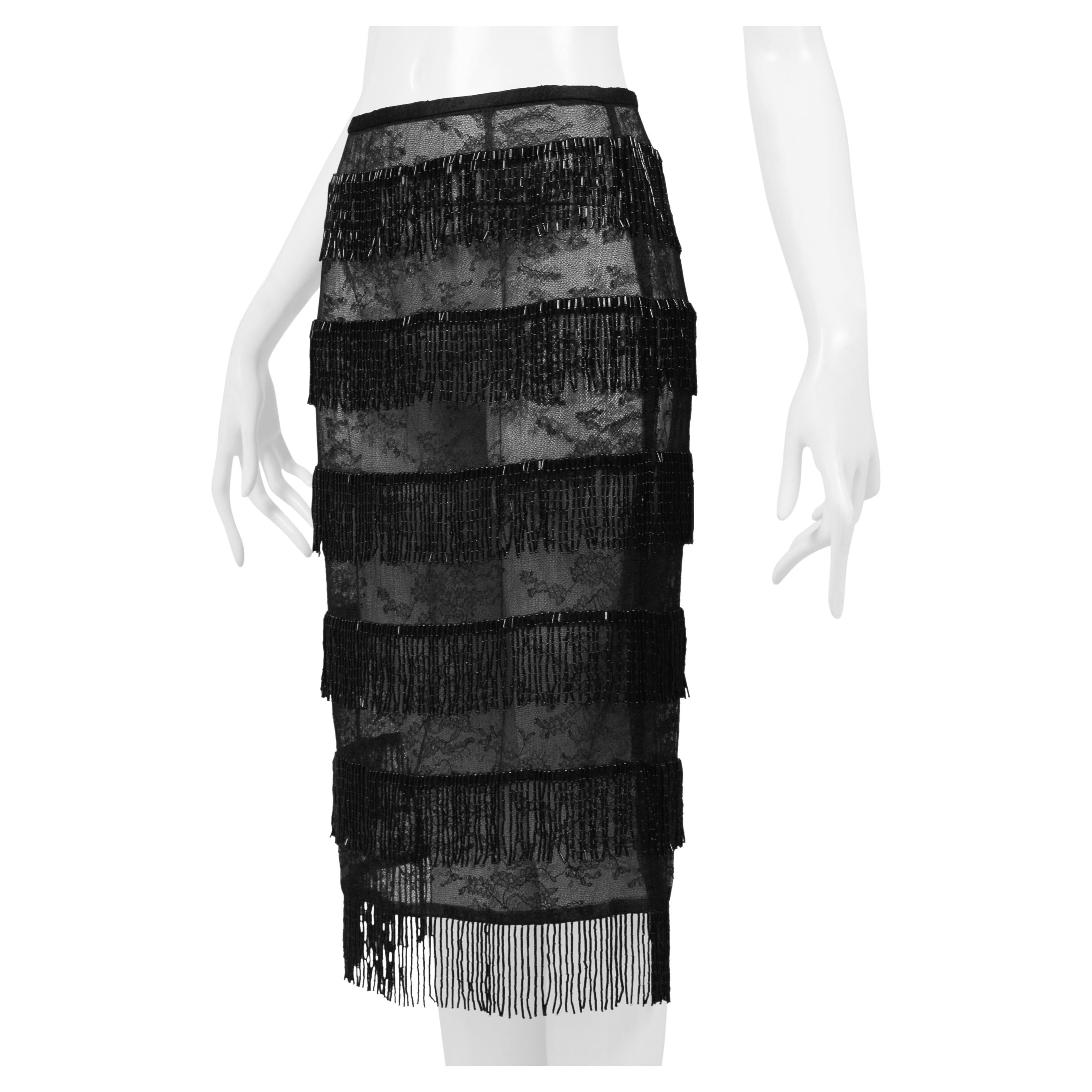 Dolce & Gabbana Black Sheer Skirt With Beaded Fringe SS 2000 For Sale