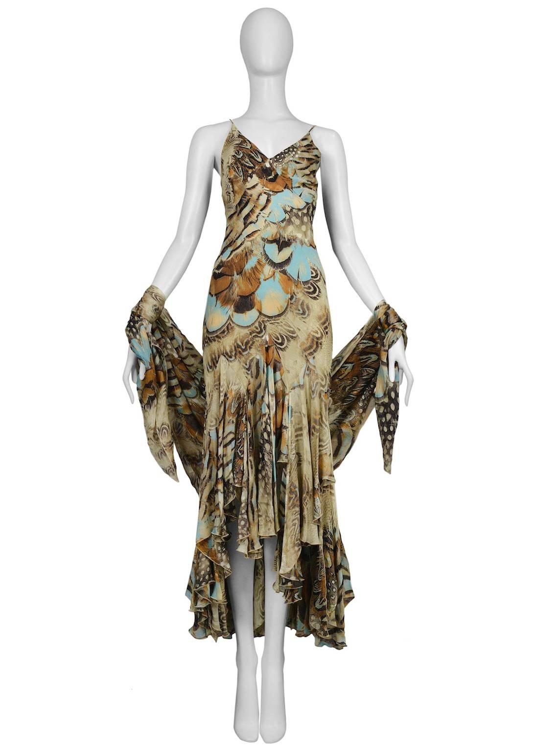 Brown Roberto Cavalli Feather Dress & Shawl