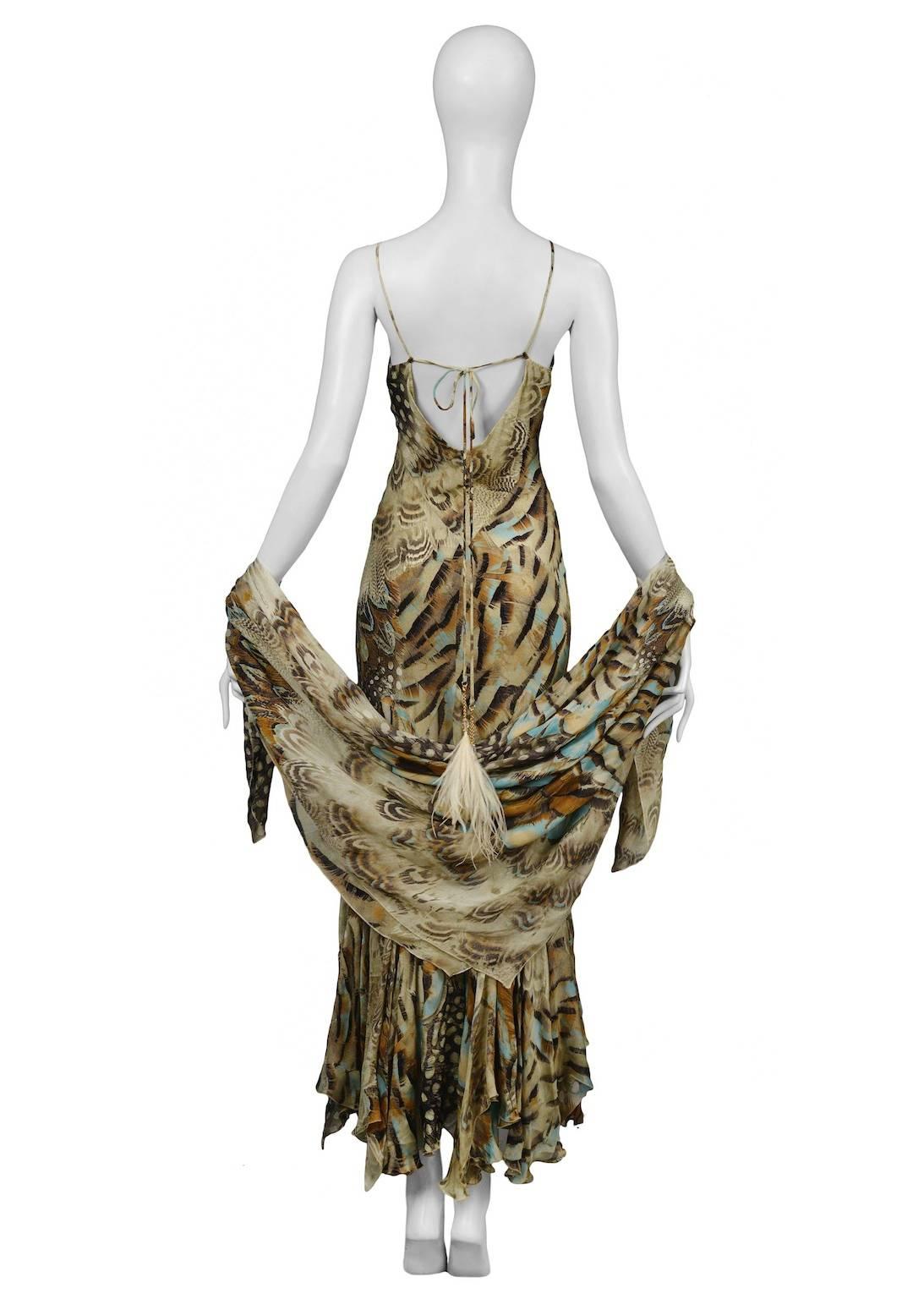 Roberto Cavalli Feather Dress & Shawl In Excellent Condition In Los Angeles, CA