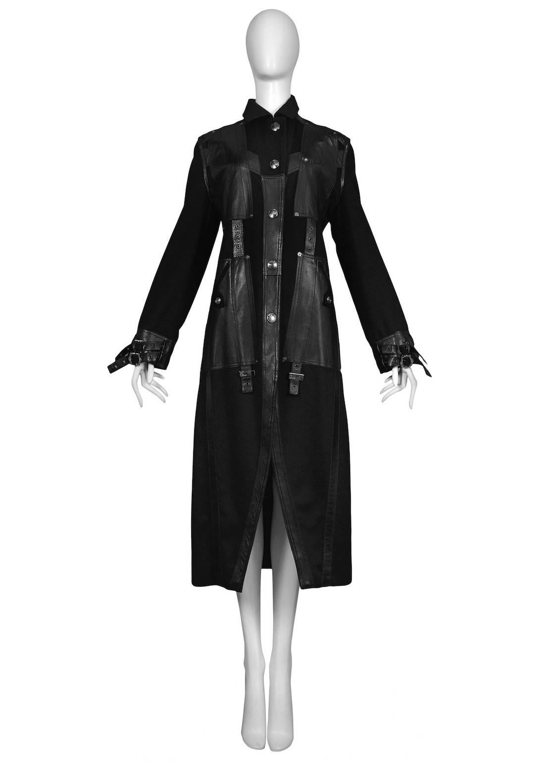 Christian Dior Black Wool & Leather Buckle Coat In Excellent Condition In Los Angeles, CA