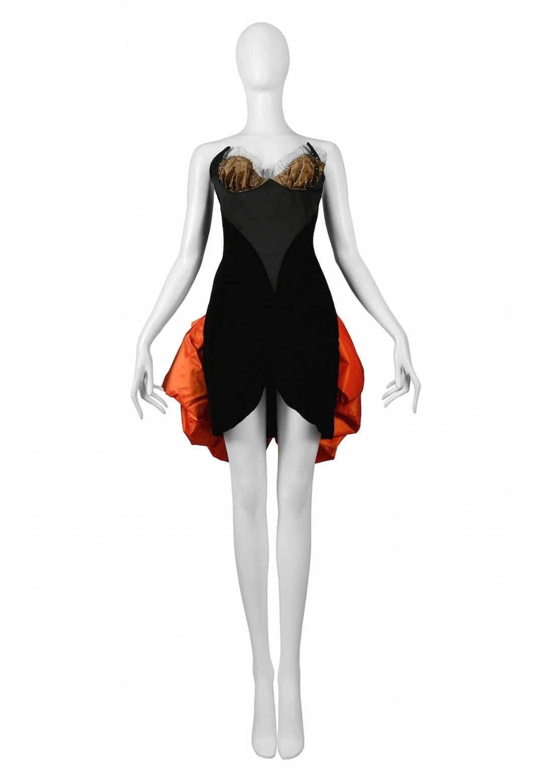 Yves Saint Laurent Black Velvet & Orange Taffeta Dress In Good Condition In Los Angeles, CA