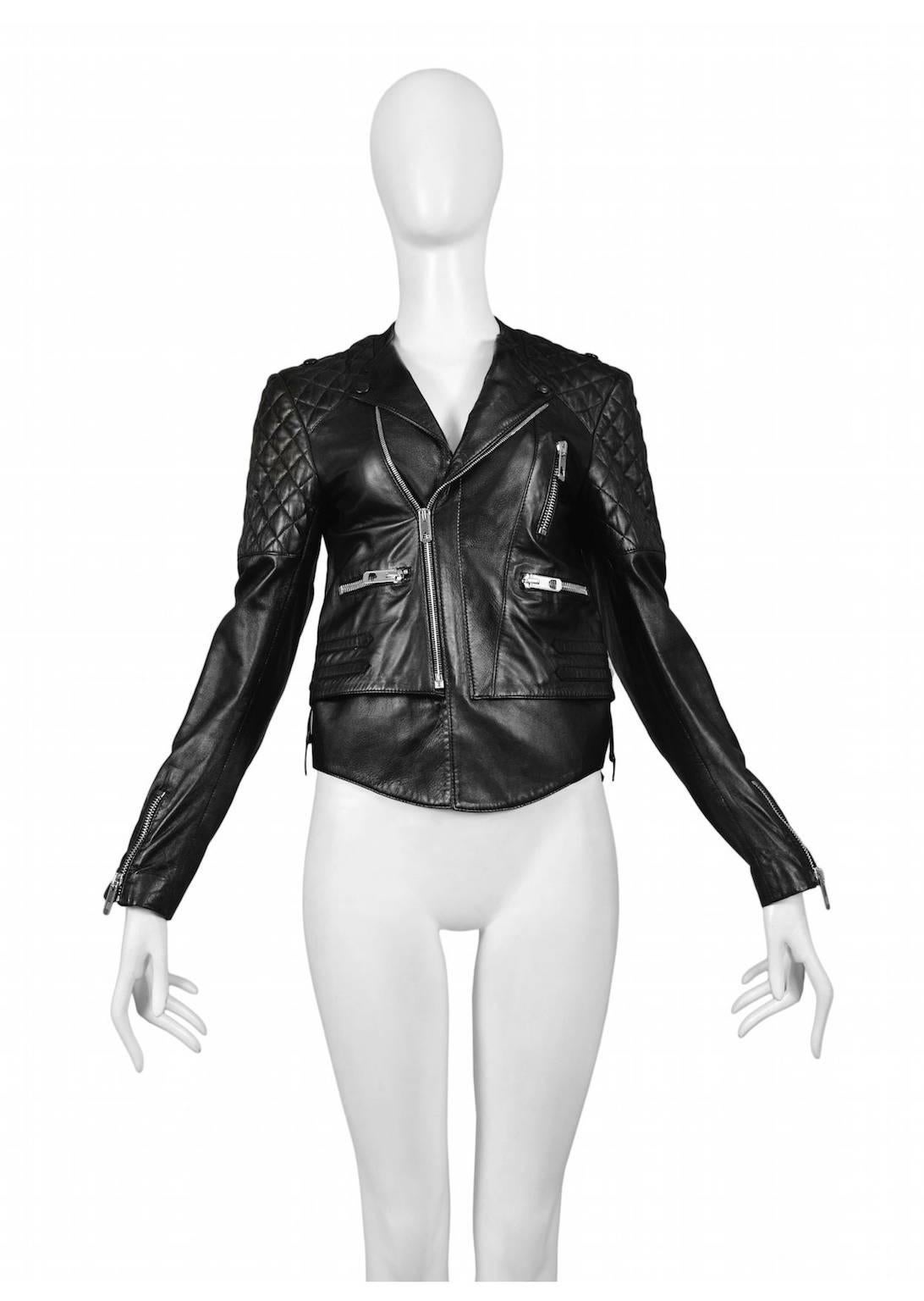 Vintage Nicolas Ghesquière for Balenciaga black leather motorcycle jacket featuring quilting at the shoulders and zipper pockets at either side.