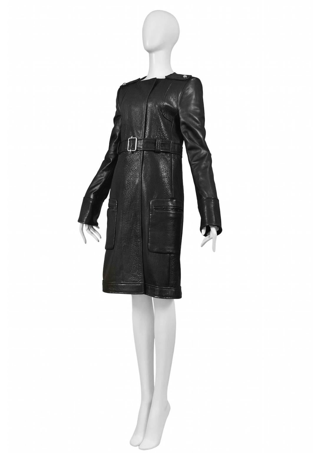 Balenciaga Black Leather Belted Coat In Excellent Condition In Los Angeles, CA