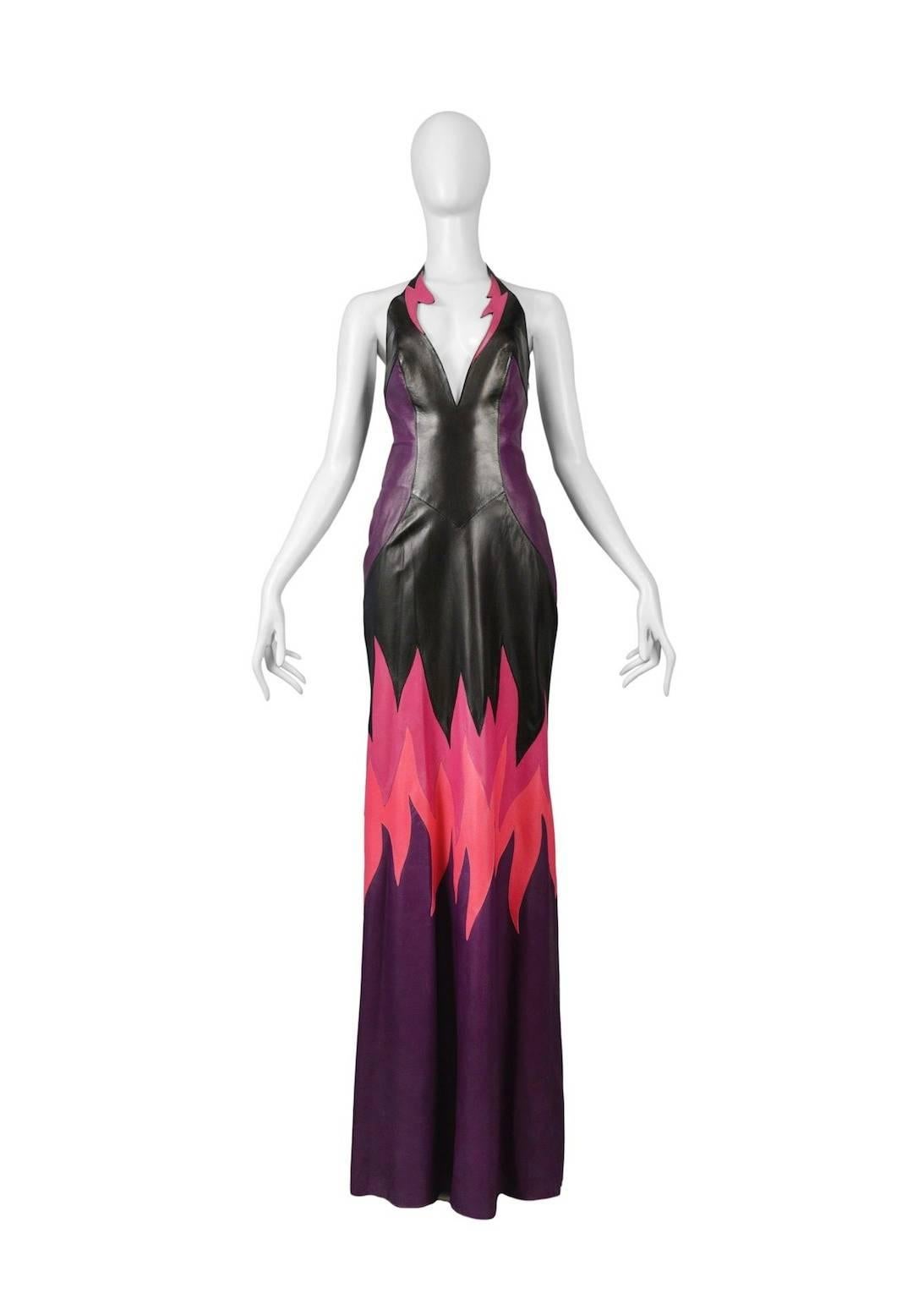 Vintage Thierry Mugler leather halter gown with colorful leather flame inserts. Fitted to perfection.