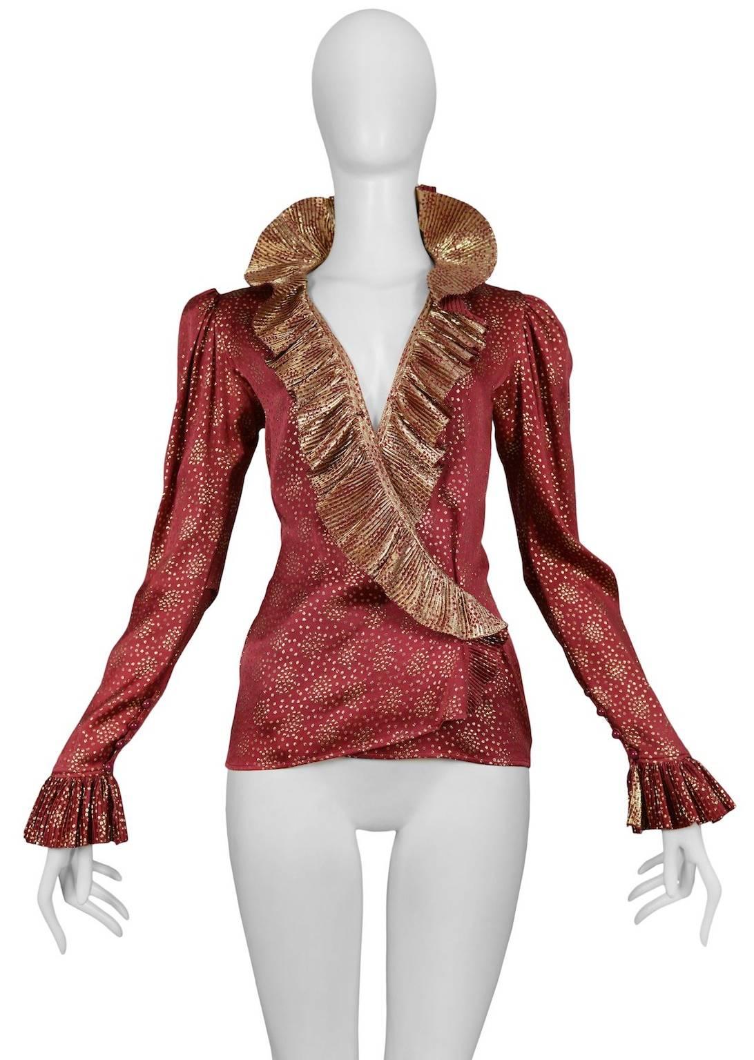 Yves Saint Laurent vintage burgundy and gold silk blouse with large ruffle.