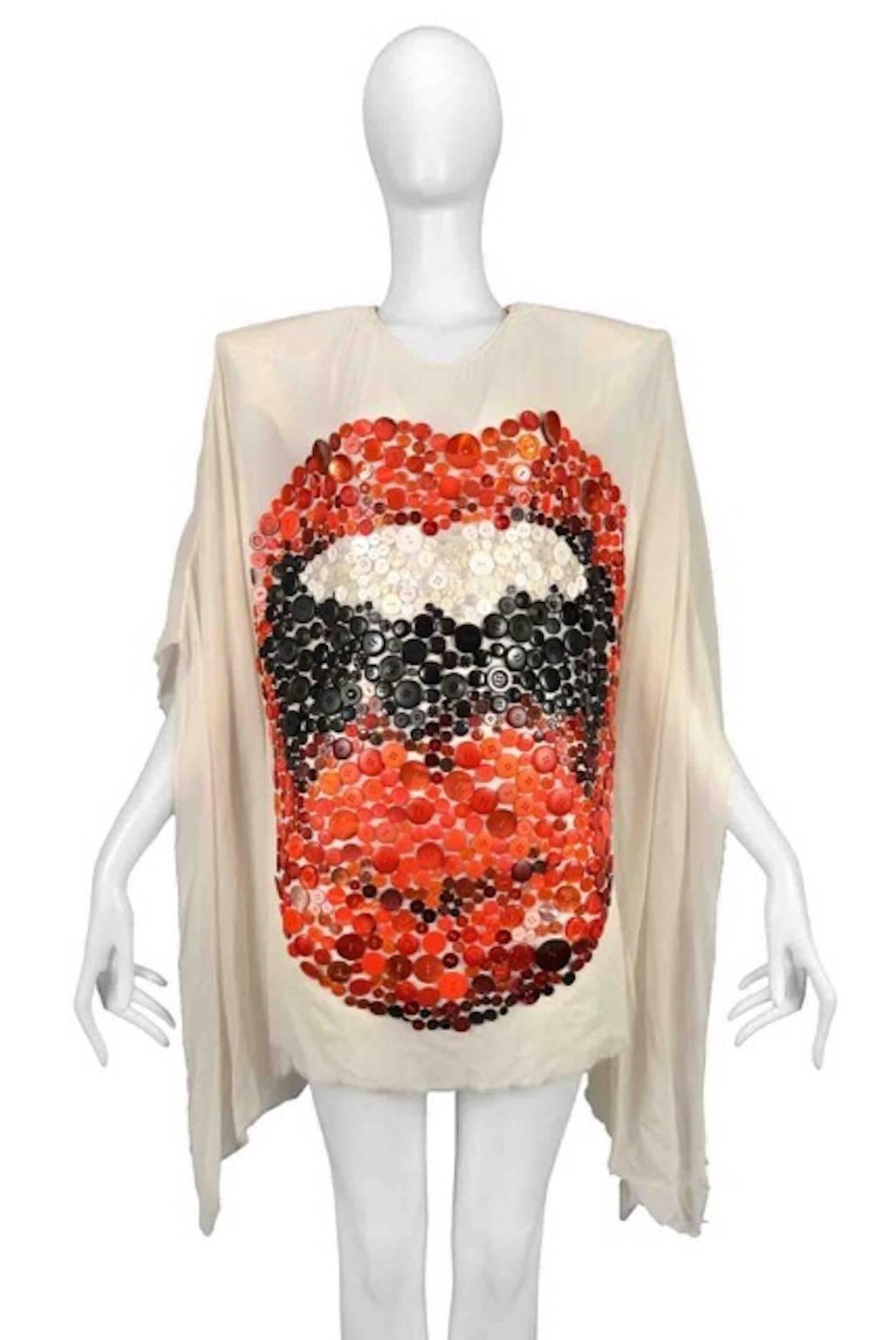 Vintage Maison Martin Margiela Couture Artisanal Button Mouth Tunic. Vintage mother-of-pearl, metal and plastic buttons are embroidered on silk chiffon to draw a mouth. 25 hours to produce. Runway piece from the Spring / Summer 2008 Couture