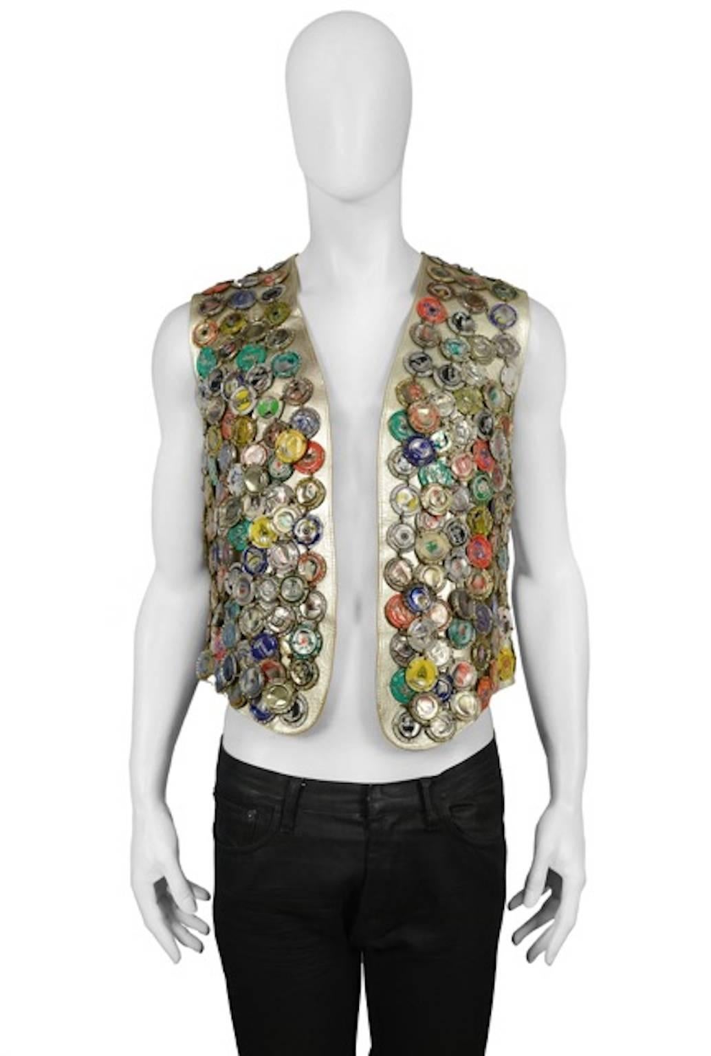 Vintage Maison Martin Margiela Artisanal Bottle Cap Vest. Bottle caps smashed and flattened by hand and embedded in resin before being linked and applied to leather. 20 hours to produce. Runway piece from the men's Spring / Summer 2006 Collection.