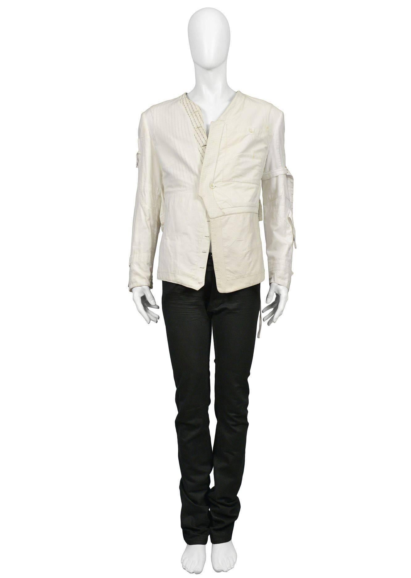 Vintage Maison Martin Margiela Artisanal Waistcoats Jacket. Vintage 1920's mens's waistcoats are transformed into a jacket. The interiors of these waistcoats vary in tones of cream and ivory and become the exterior of the jacket. The waistcoat backs