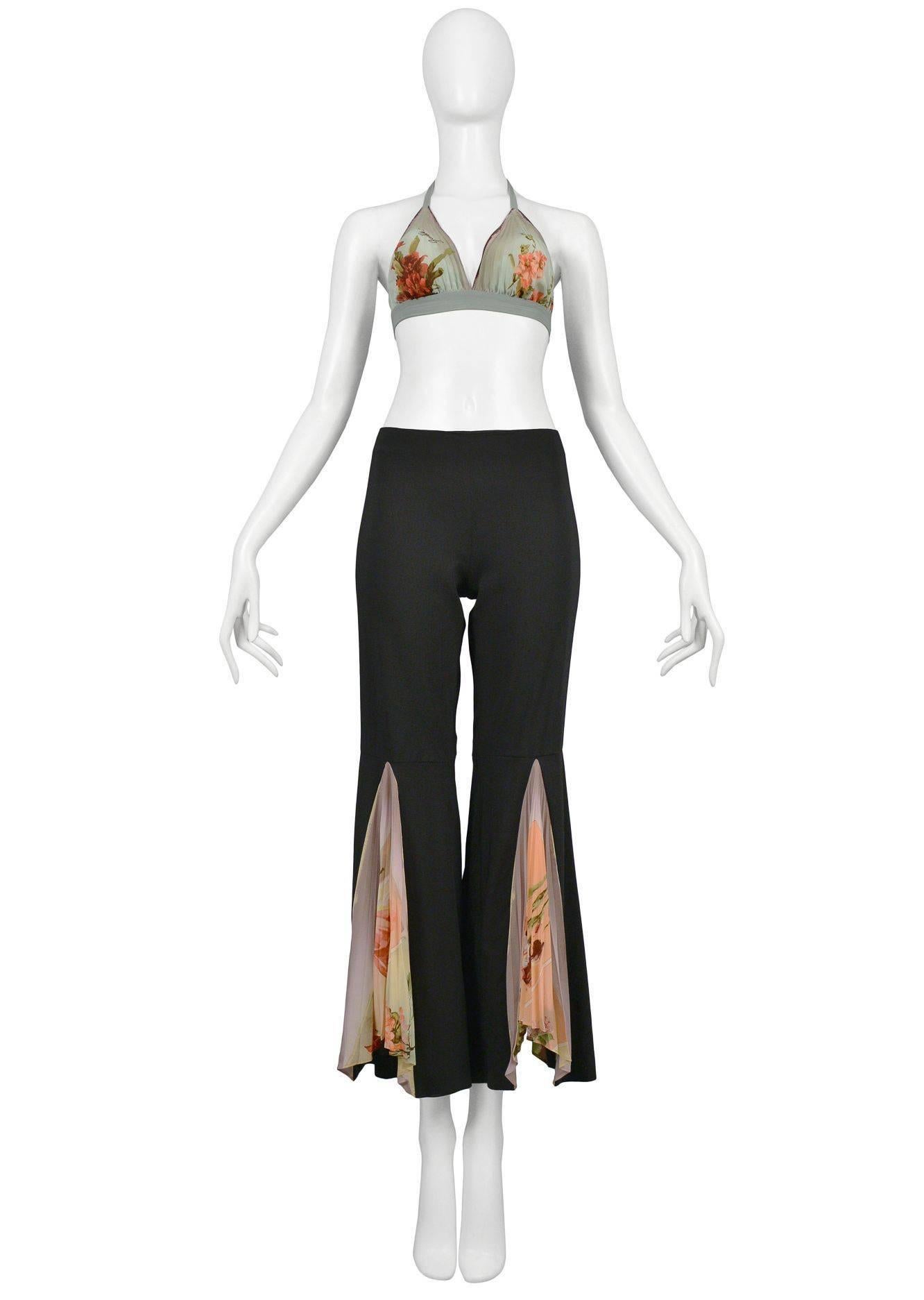 Jean Paul Gaultier print bra top and black palazzo pants with pleated print insets.
