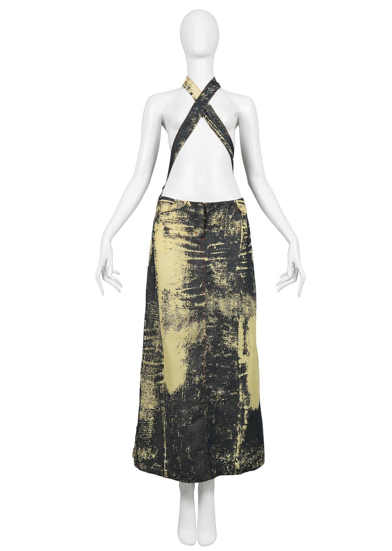 Vintage Jean Paul Gaultier navy and off white Trompe L'oeil printed skirt with suspenders.