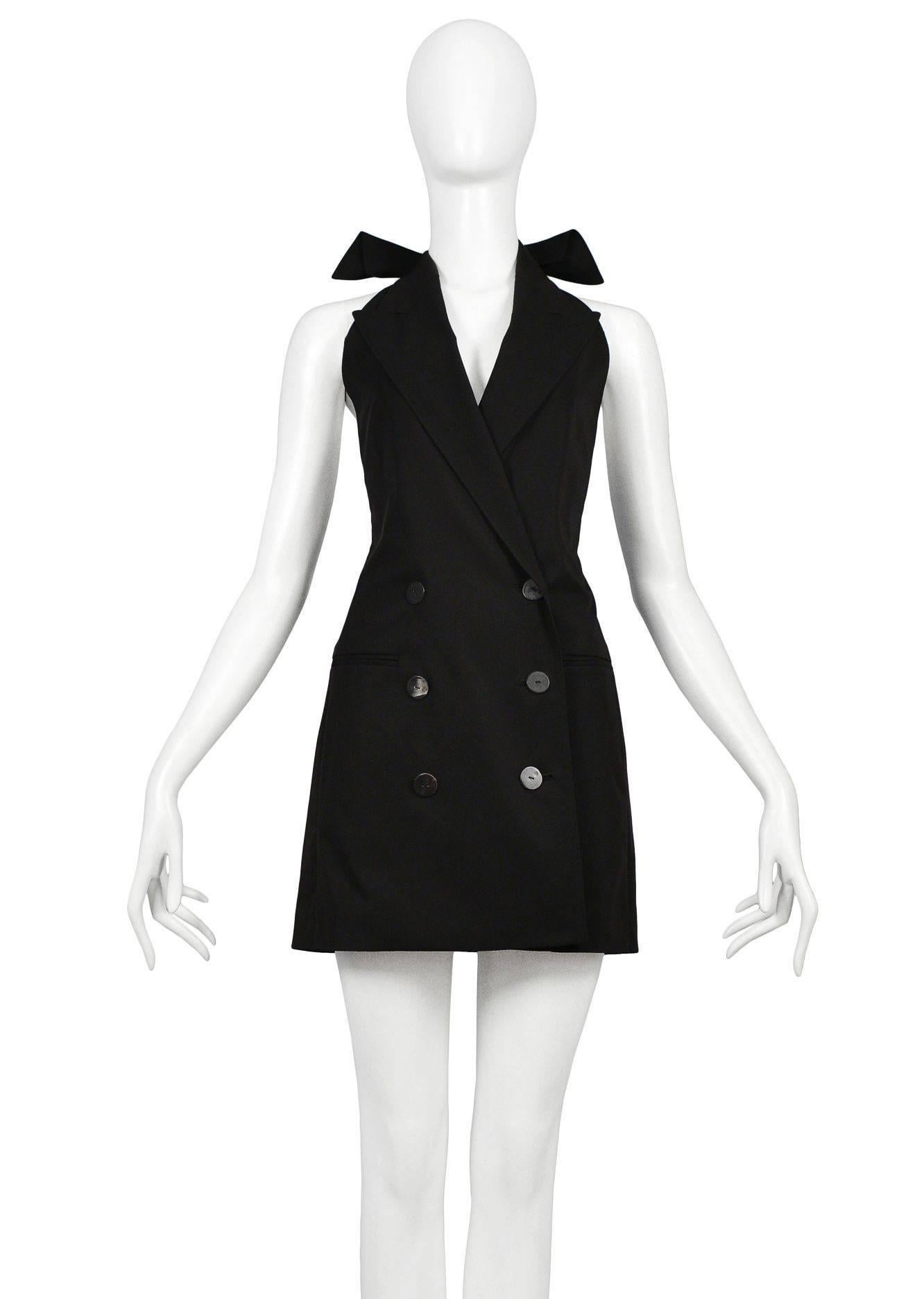 Jean Paul Gaultier black tuxedo mini dress with open back.