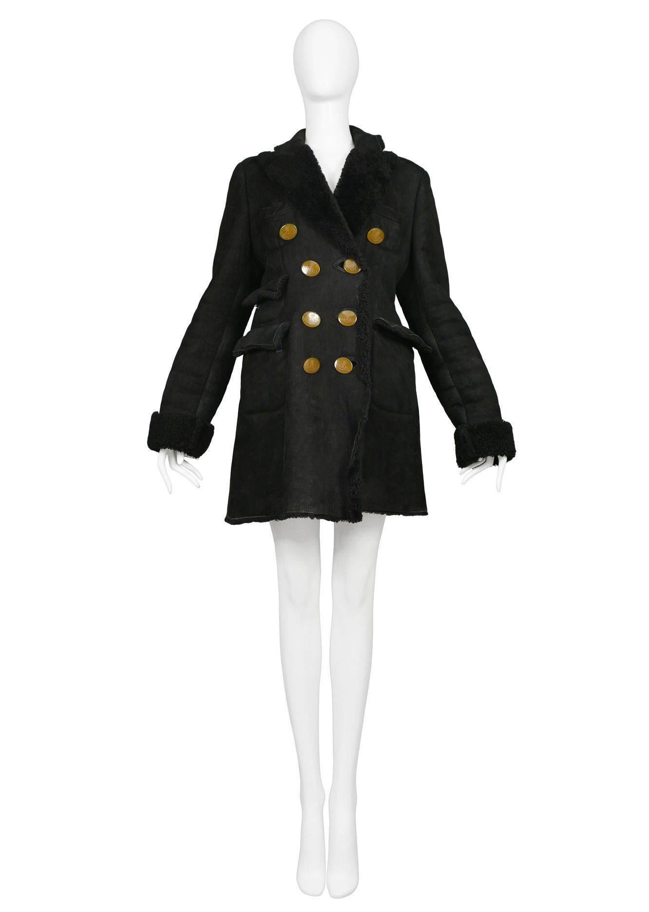 Vivienne Westwood black suede shearling coat with Orb buttons. Gold label collection.