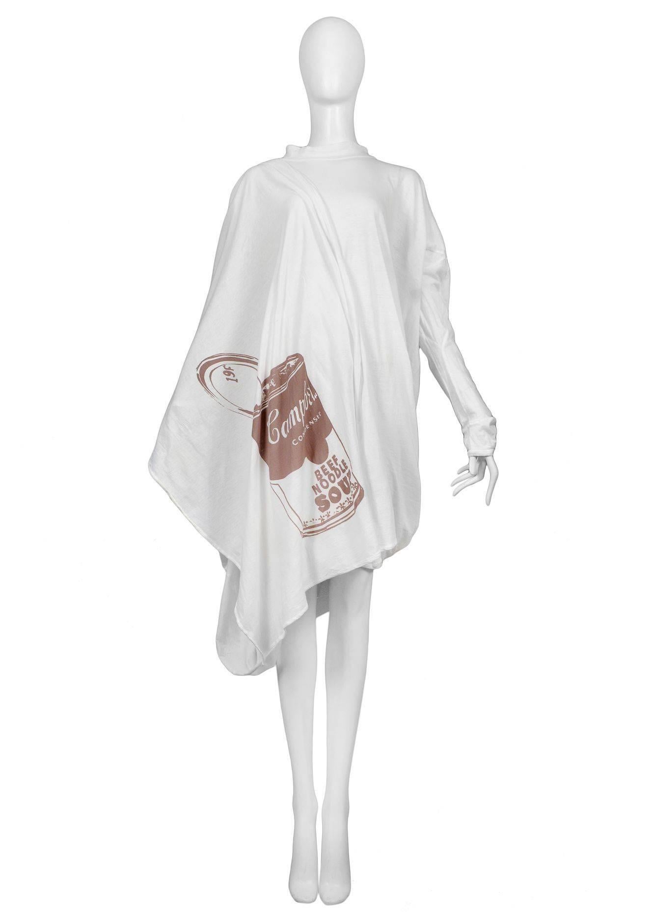 Vintage Vivienne Westwood and Malcolm McLaren World's End toga dress with Andy Warhol Campbell Soup print. Made of white cotton knit. One size. A 'Nostalgia of Mud' (Buffalo) Collection Autumn / Winter 1982-3.
