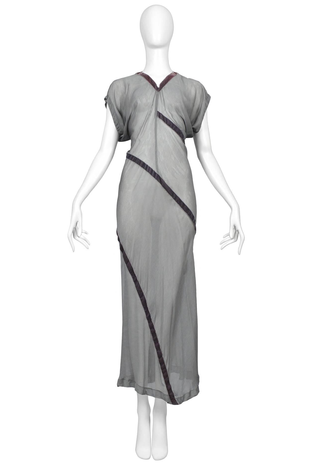 Vintage Comme des Garcons sheer grey lilac v-neck maxi dress featuring velvet trim throughout the bodice and along the neckline.