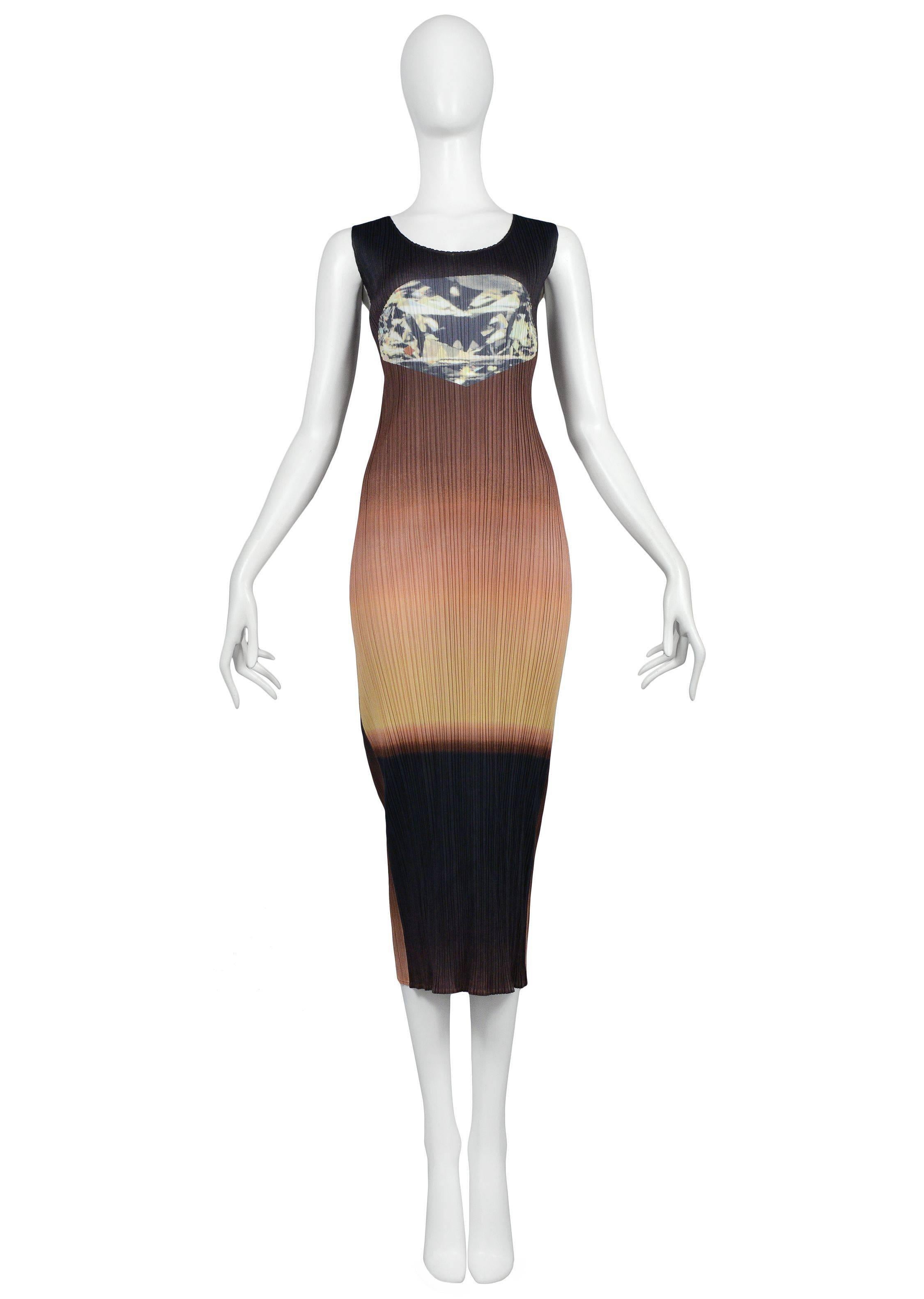 Vintage Issey Miyake brown pleated ombre dress with diamond print at chest. From the Pleats Please Collection.