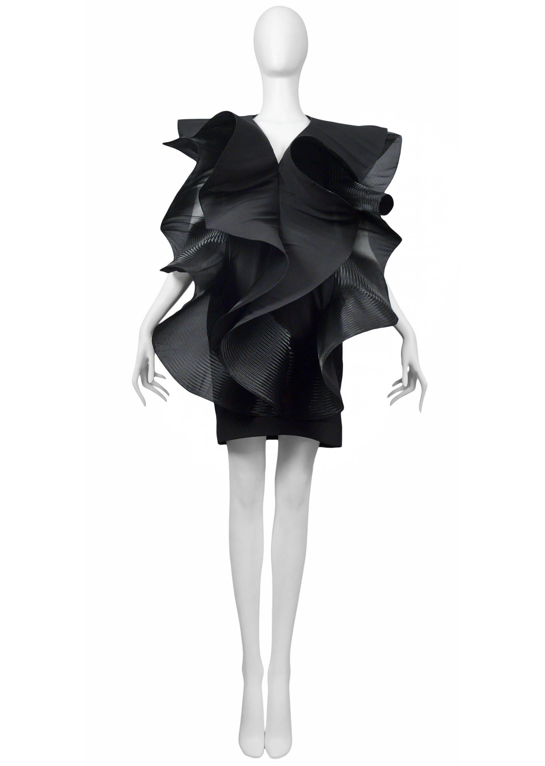 Pierre Cardin Couture horsehair, organza, and silk giant ruffles on a black cocktail dress. Circa, 1986-1993.