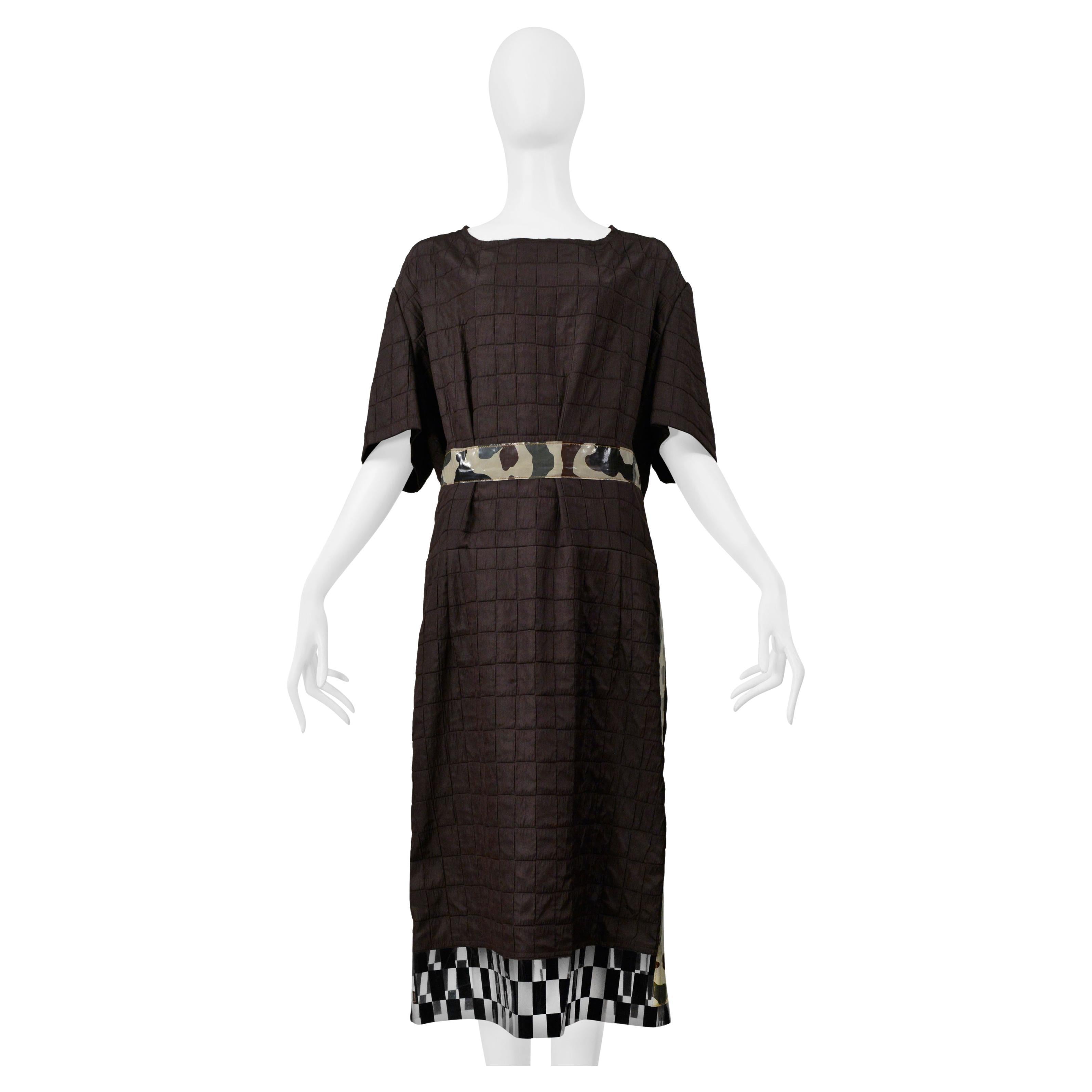 Comme Des Garcons Brown Day Dress With Camo Trim & Vinyl Checkerboard Trim 2001