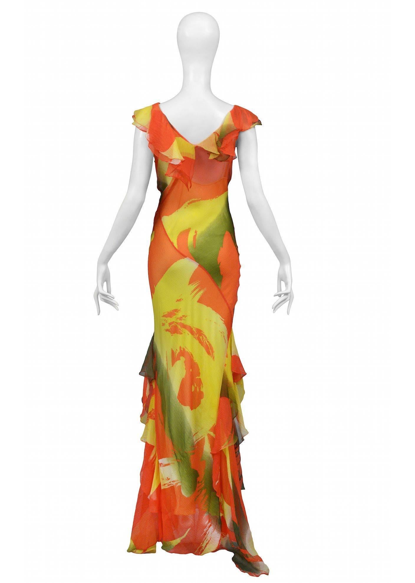 Brown Stephen Burrows Chiffon Abstract Print Gown For Sale