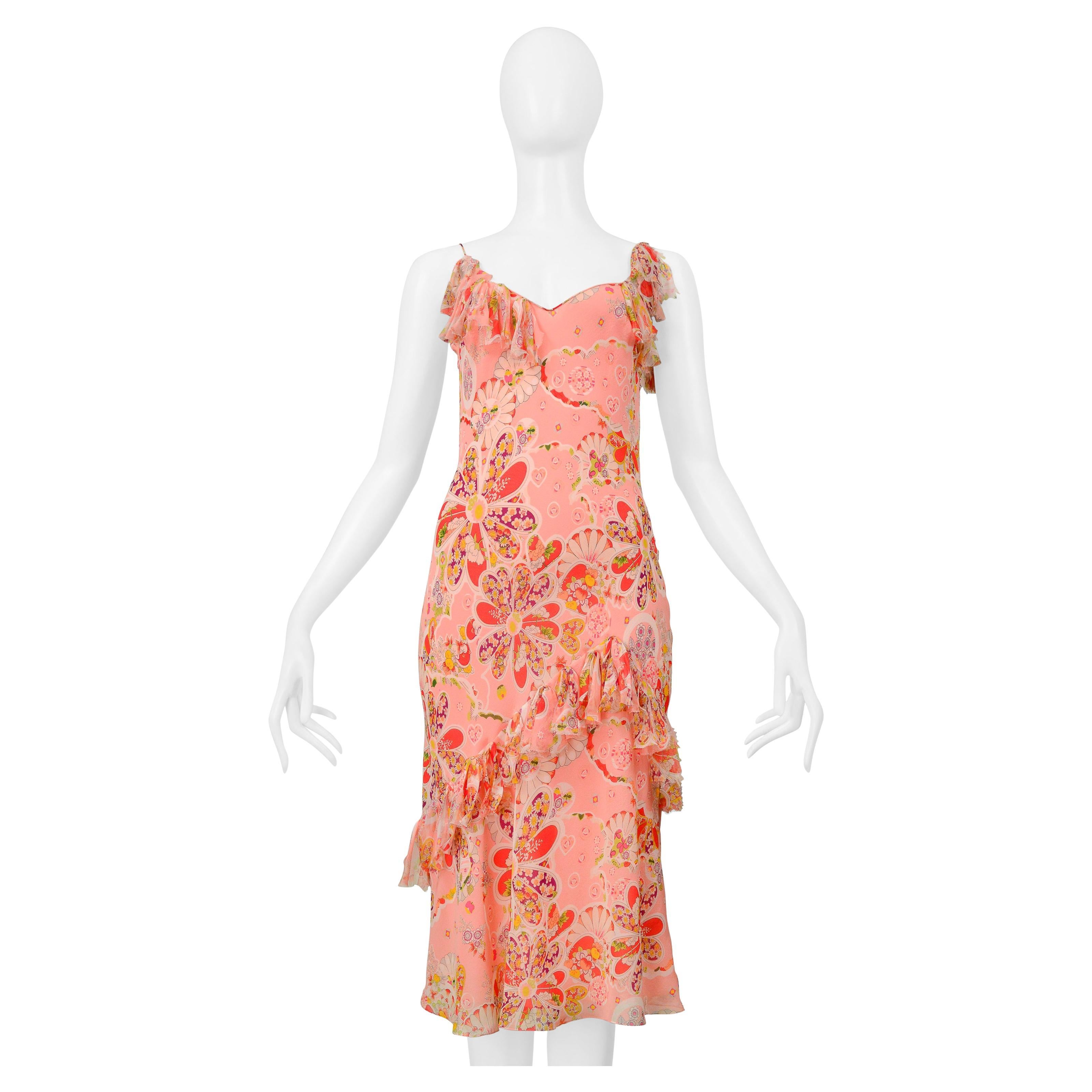 John Galliano Pink Floral Printed Slip Dress With Bows (Robe imprimée à fleurs et à nœuds)
