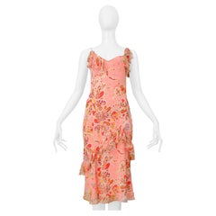 John Galliano Pink Floral Printed Slip Dress With Bows