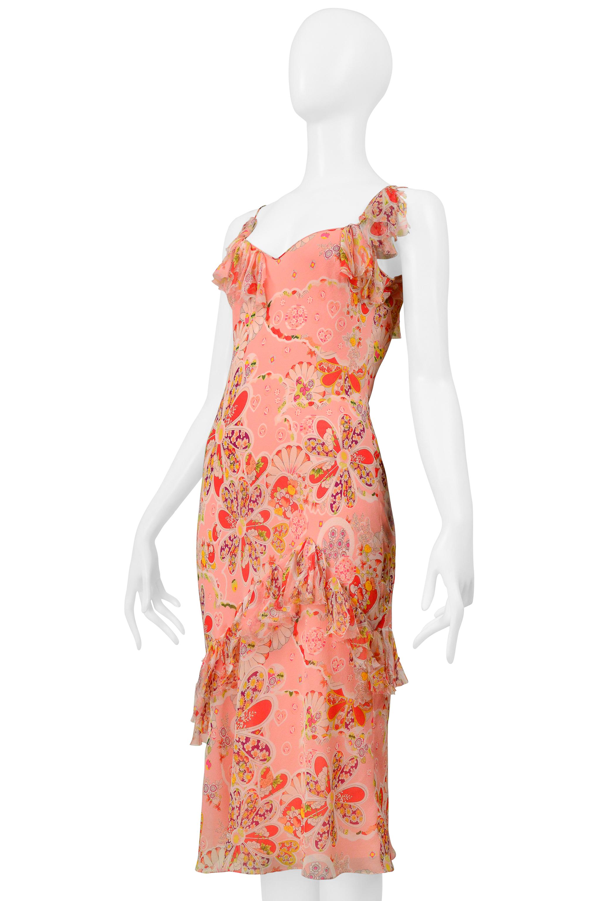 John Galliano Rosa geblümtes Slip-Kleid mit Schleifen Damen im Angebot