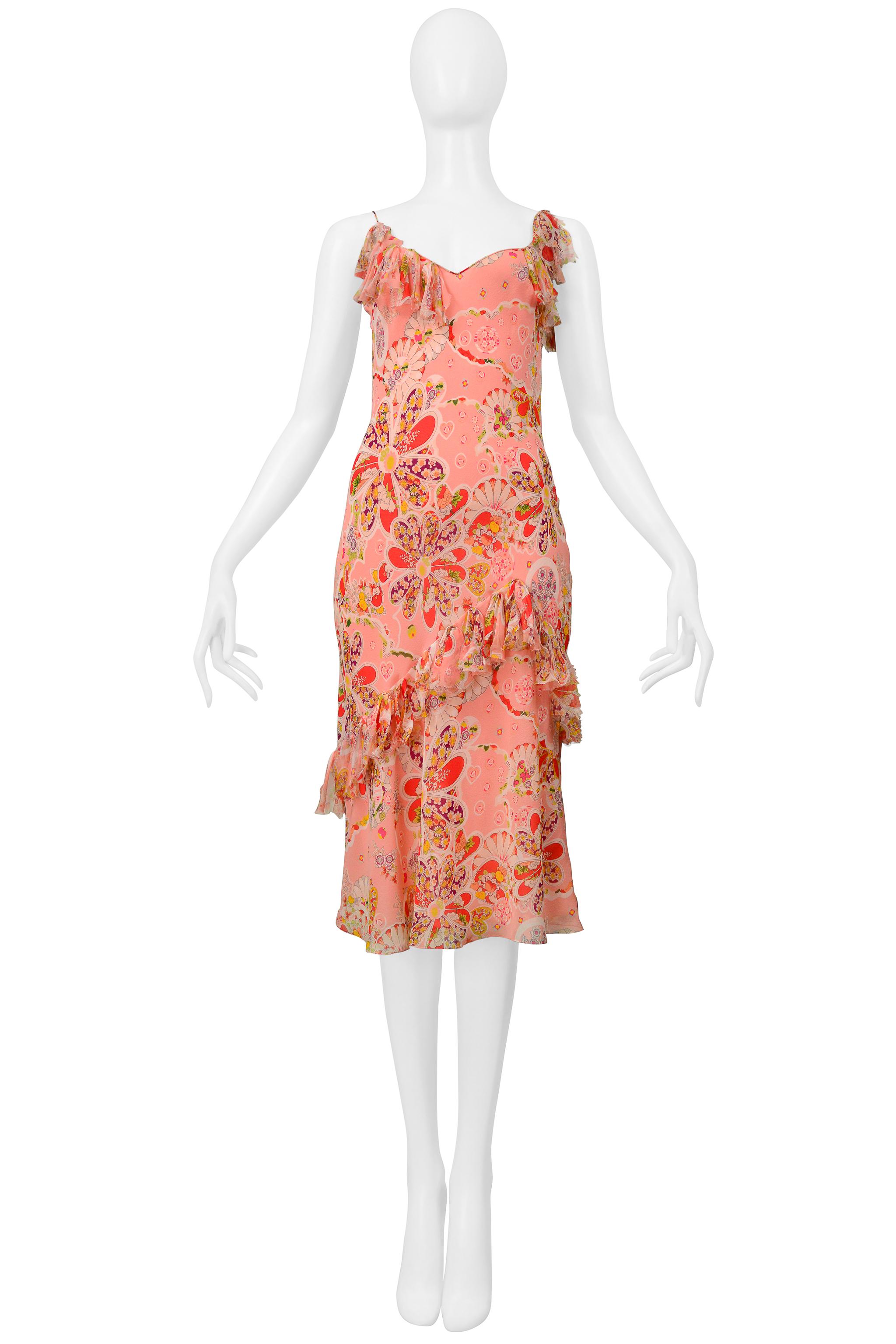 John Galliano Rosa geblümtes Slip-Kleid mit Schleifen (Orange) im Angebot