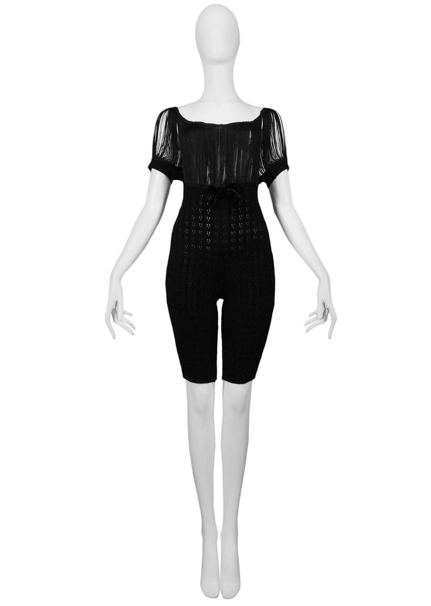 Vintage Jean Paul Gaultier black stretch knit bodysuit with fringe top and sleeves. One piece.