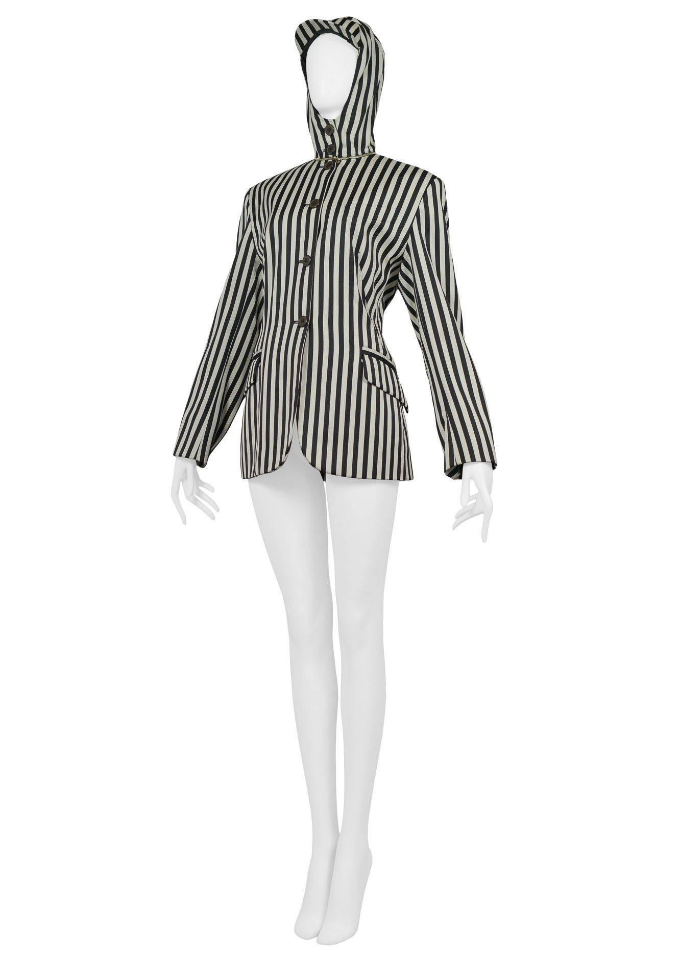 Vintage Jean Paul Gaultier black & white stripe hood jacket with brim. Collection 1991.