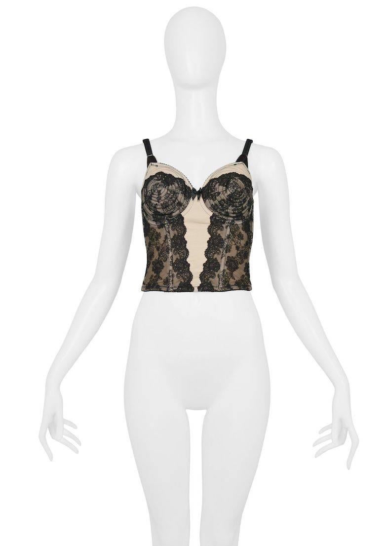 Vintage Jean Paul Gaultier nude with black lace bustier. Hook and eye closure at back.