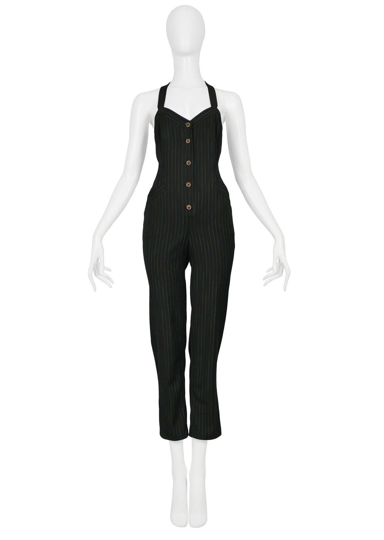 Vintage Jean Paul Gaultier button front pinstripe jumpsuit with buckle at back.