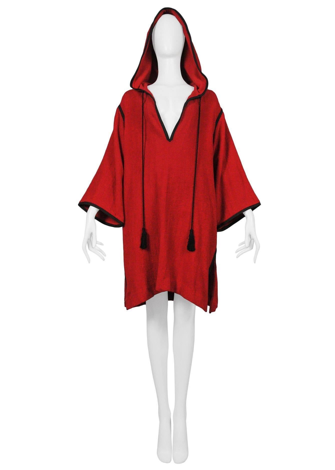 Vintage Yves Saint Laurent burgundy colored terry cloth cover-up robe with black trim, tassel and hood. St Laurent Rive Gauche.