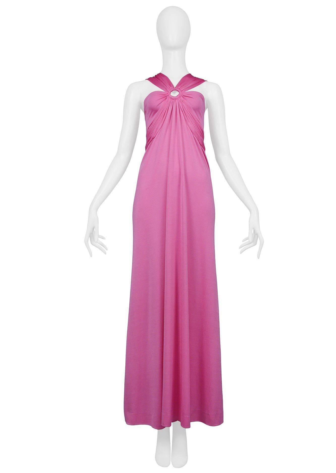Vintage 1970's Loris Azzaro pink jersey column gown featuring a ruched bust and front and back ring detail