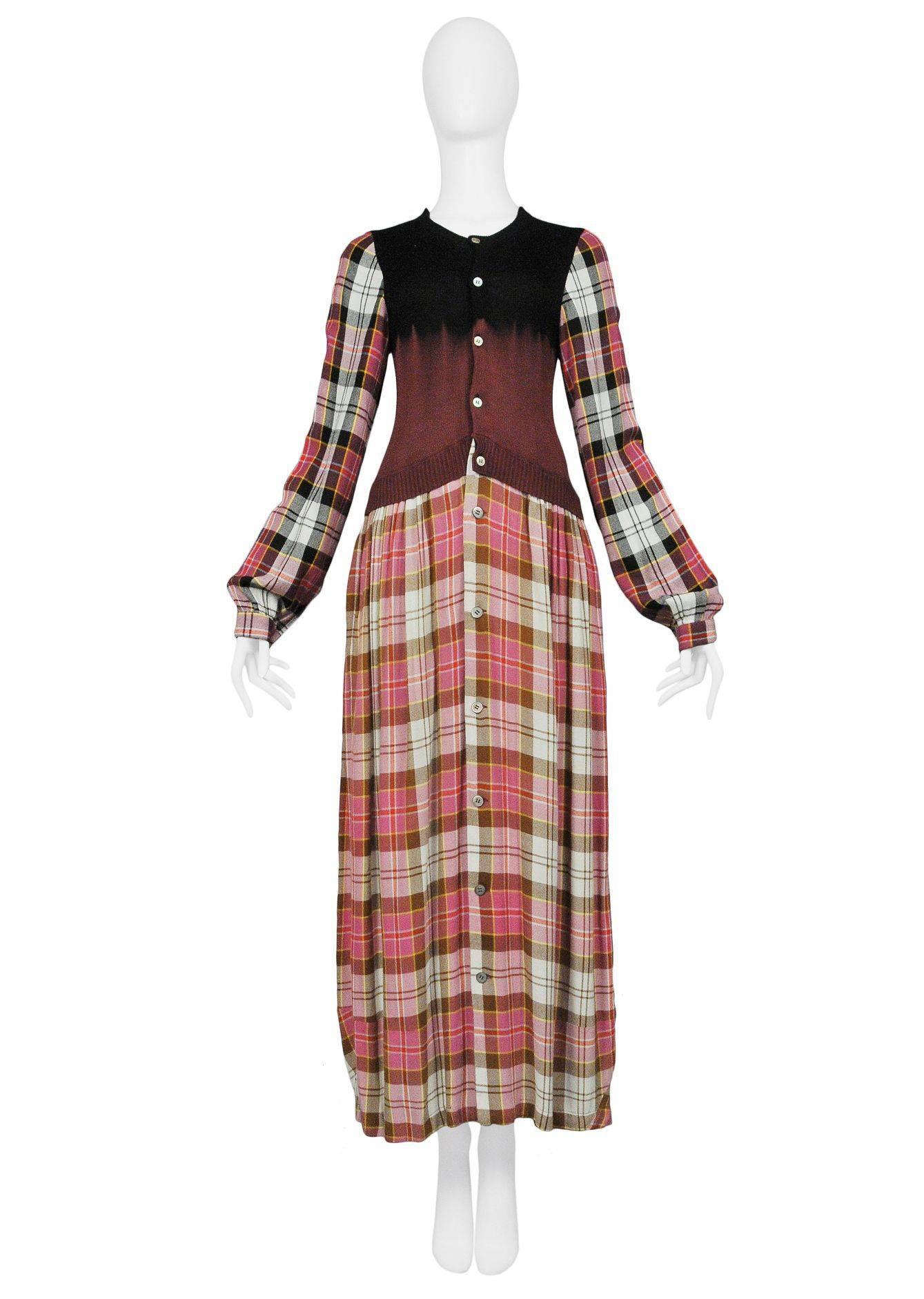 Vintage Comme des Garcons pink, brown and black plaid dress with knit cardigan bodice. Collection 1994.