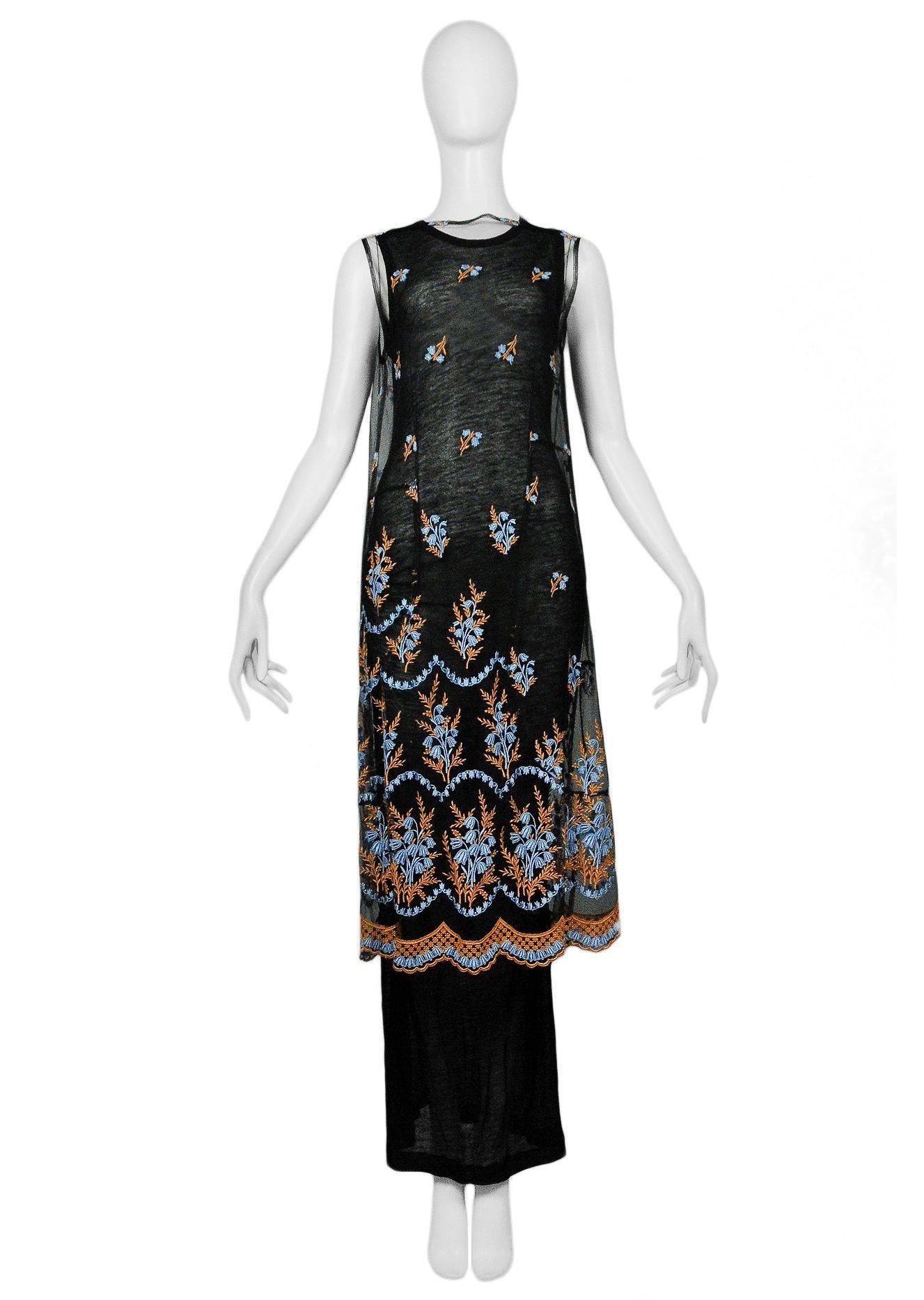 Vintage Comme des Garcons black mesh floral embroidered dress with black under gown. Collection 1995.
