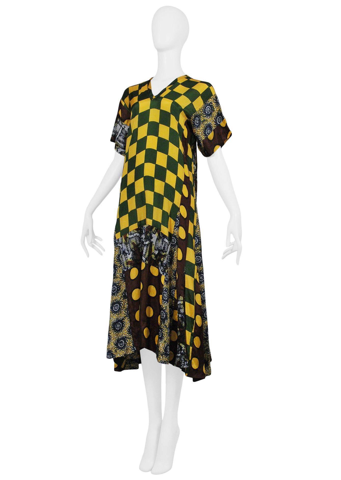 Vintage Comme des Garcons yellow, green check and mixed print dress. Unfinished collection, SS 1992.
