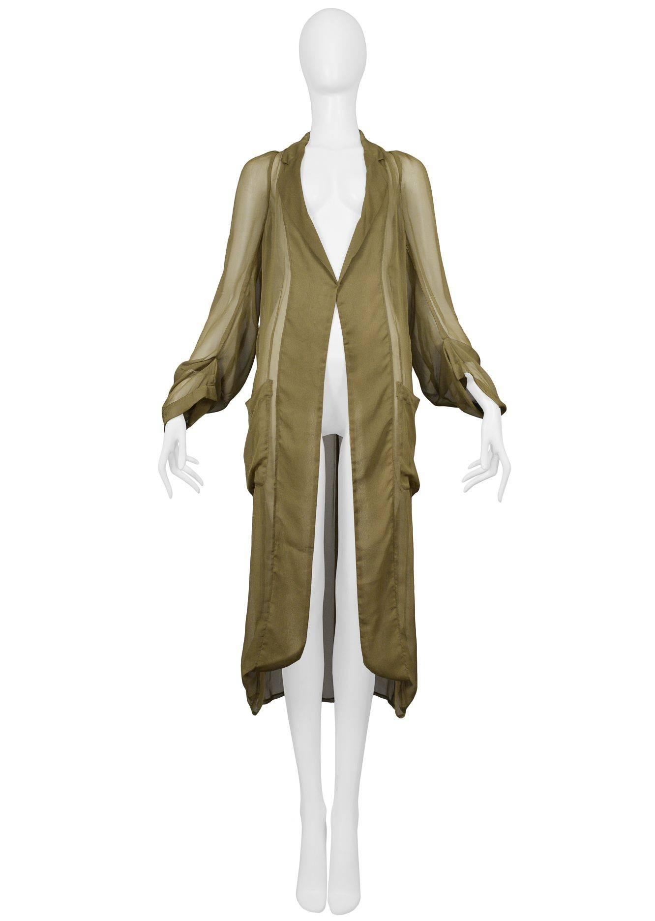 Vintage Comme des Garcons olive green sheer duster coat with long sleeves.