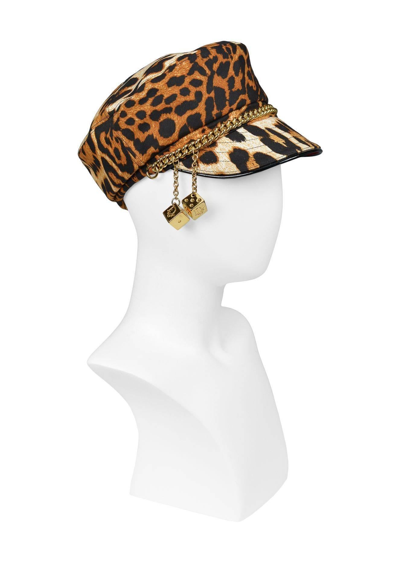 Christian Dior by John Galliano leopard print hat with attached chain and gold 